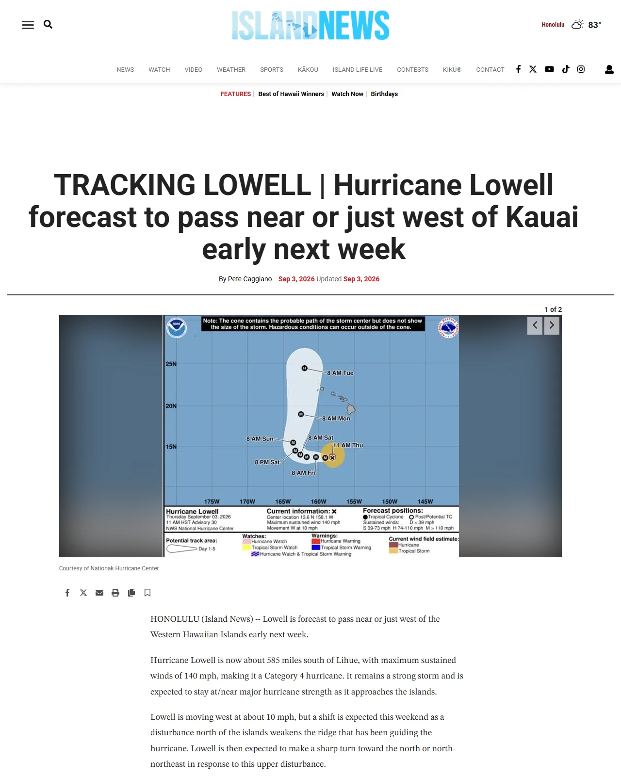kitv.com as published: TRACKING LOWELL | Hurricane Lowell forecast to pass near or just west of Kauai early next week