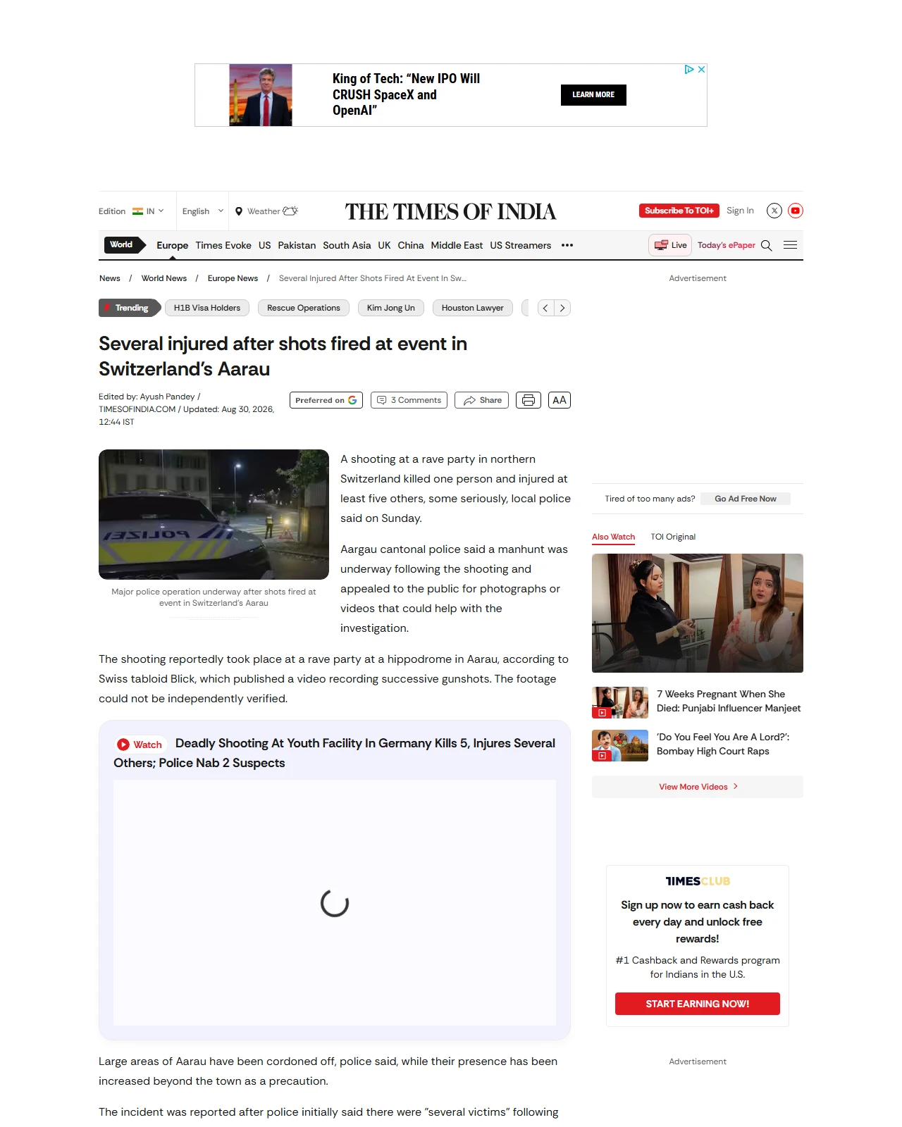 timesofindia.indiatimes.com as published: 1 killed, 5 injured in shooting at rave party in northern Switzerland