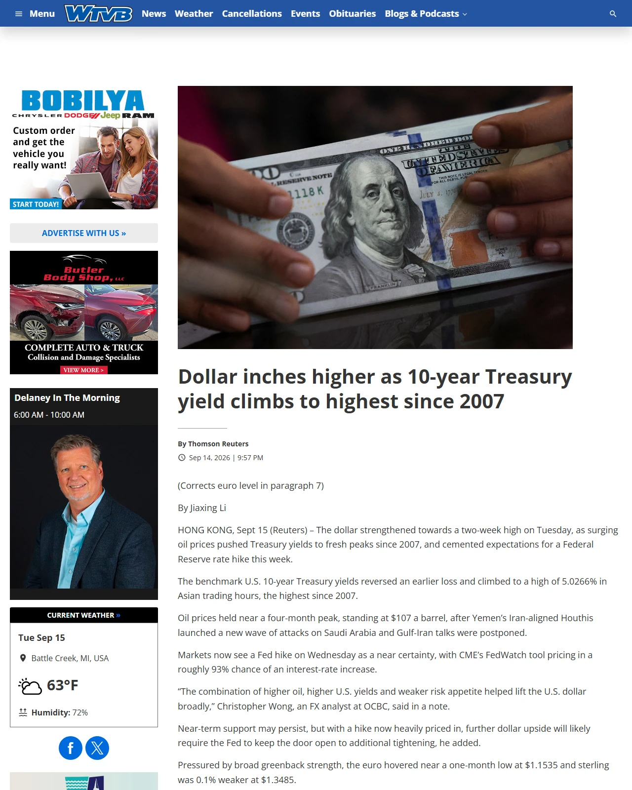 wtvbam.com as published: Dollar inches higher as 10-year Treasury yield climbs to highest since 2007