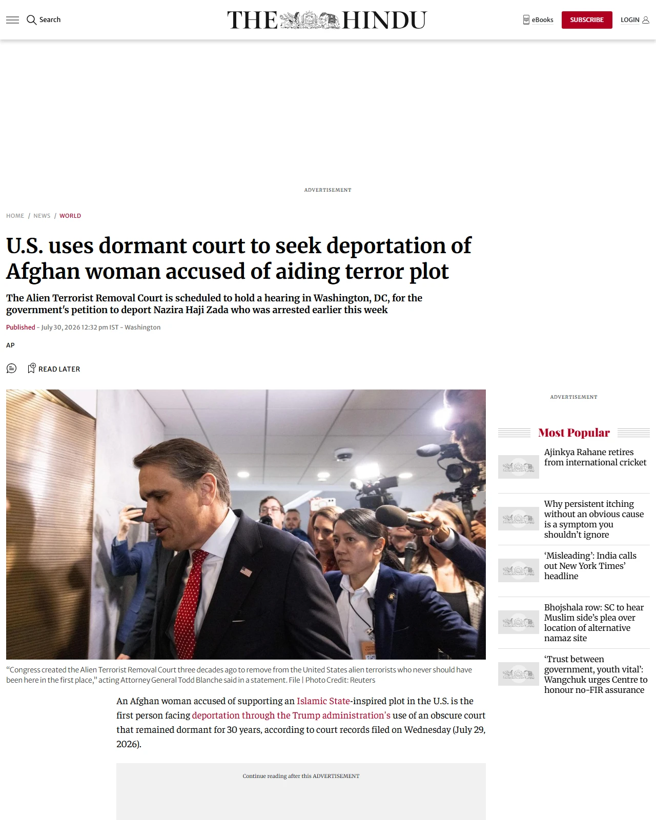 thehindu.com as published: U.S. uses dormant court to seek deportation of Afghan woman accused of aiding terror plot