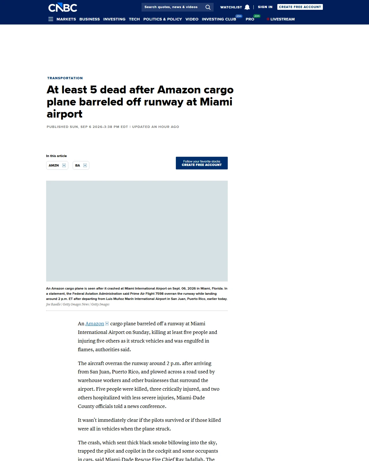 cnbc.com as published: At least 5 dead after Amazon cargo plane barreled off runway at Miami airport