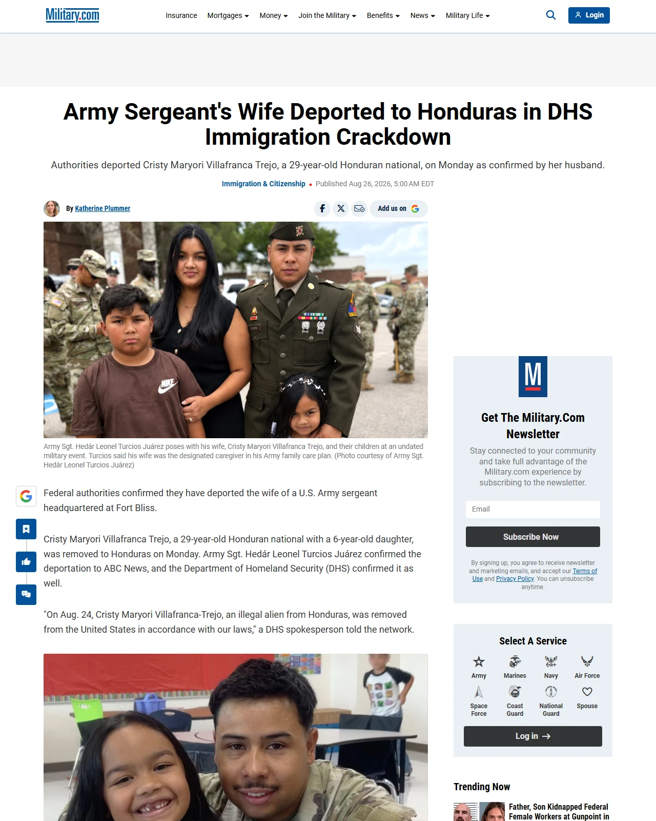military.com as published: Fort Bliss Army Sergeant's Wife Deported to Honduras After Legal Snafu