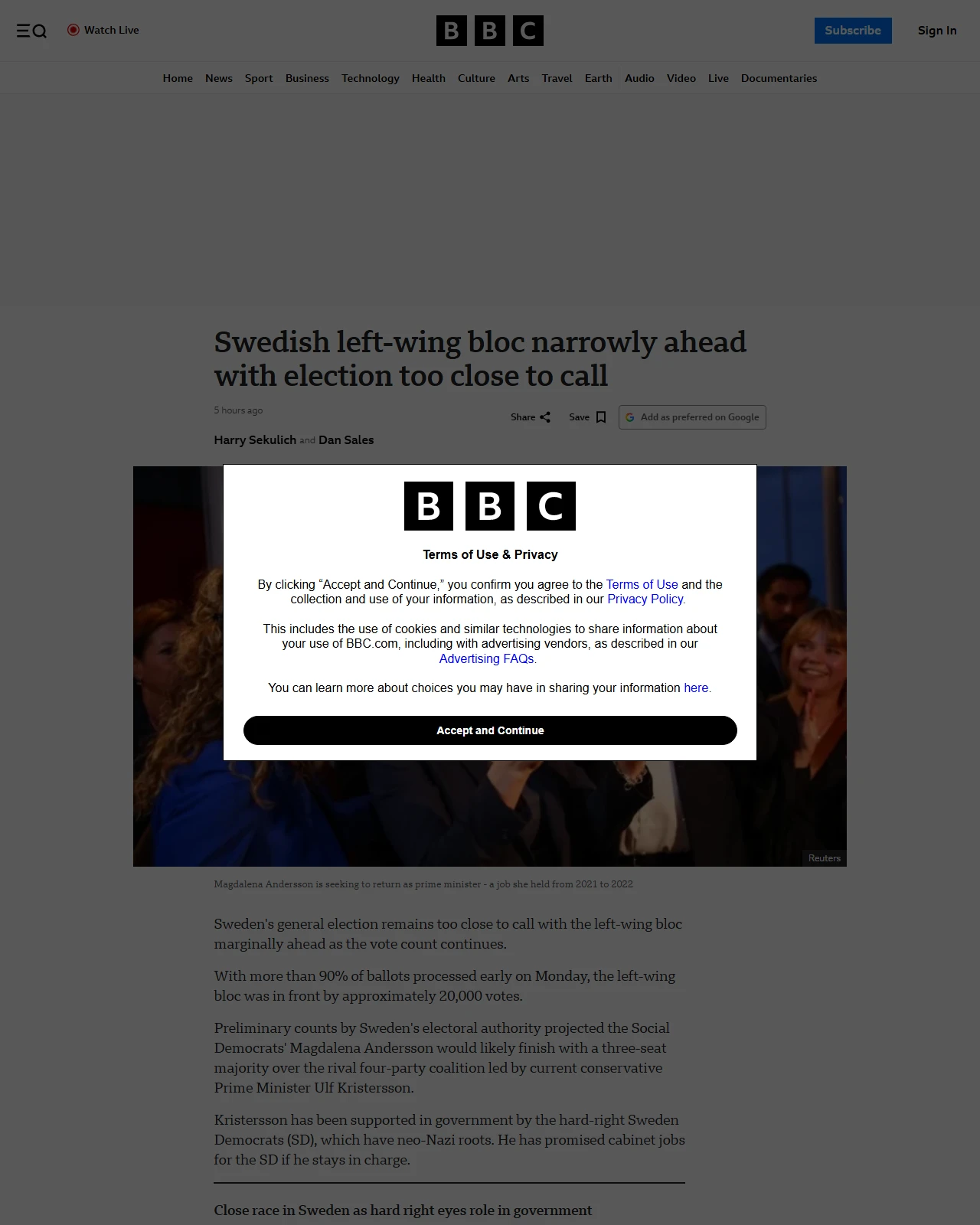 bbc.co.uk as published: Swedish left-wing bloc narrowly ahead with election too close to call