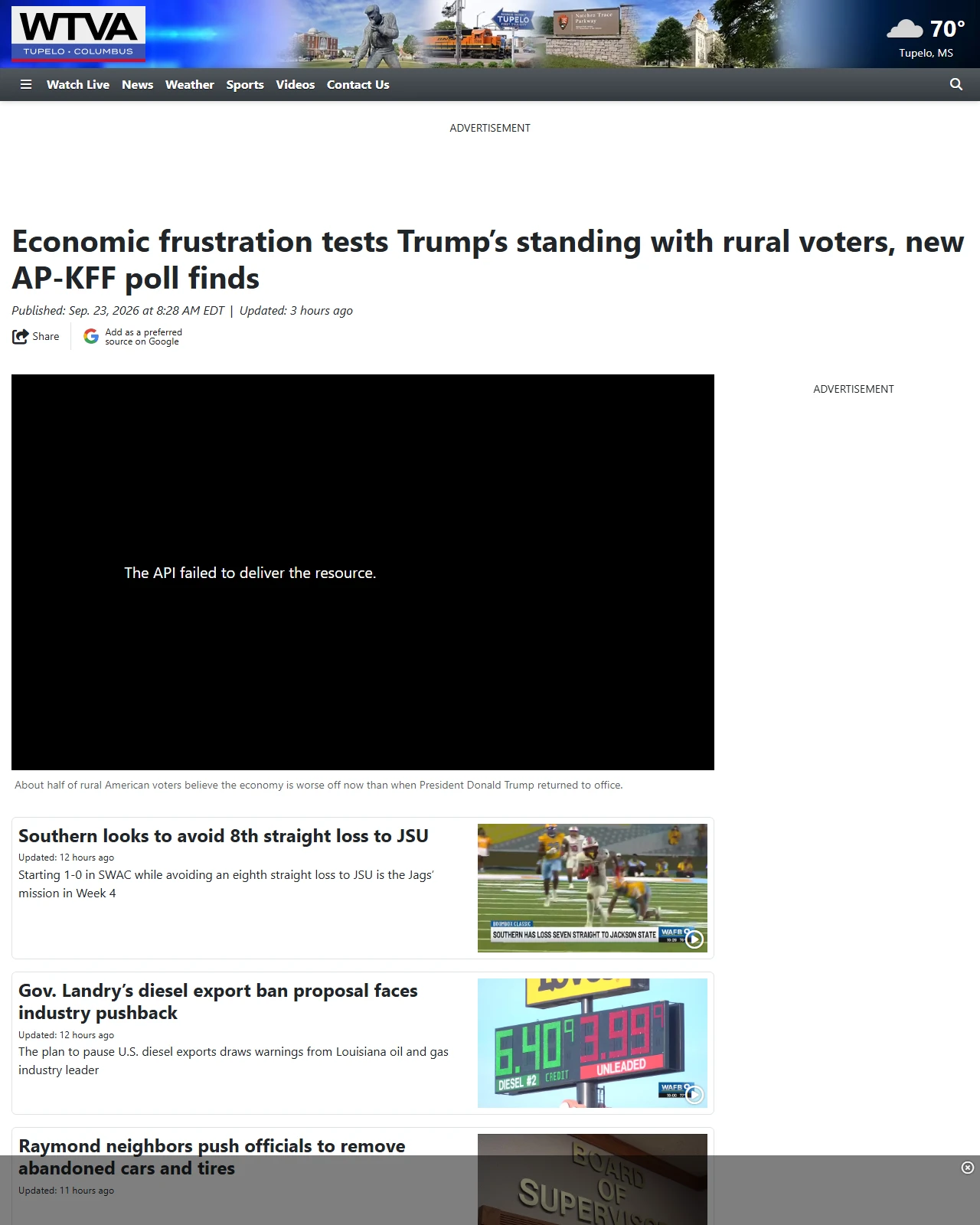 wtva.com as published: Economic frustration tests Trump’s standing with rural voters, new AP-KFF poll finds