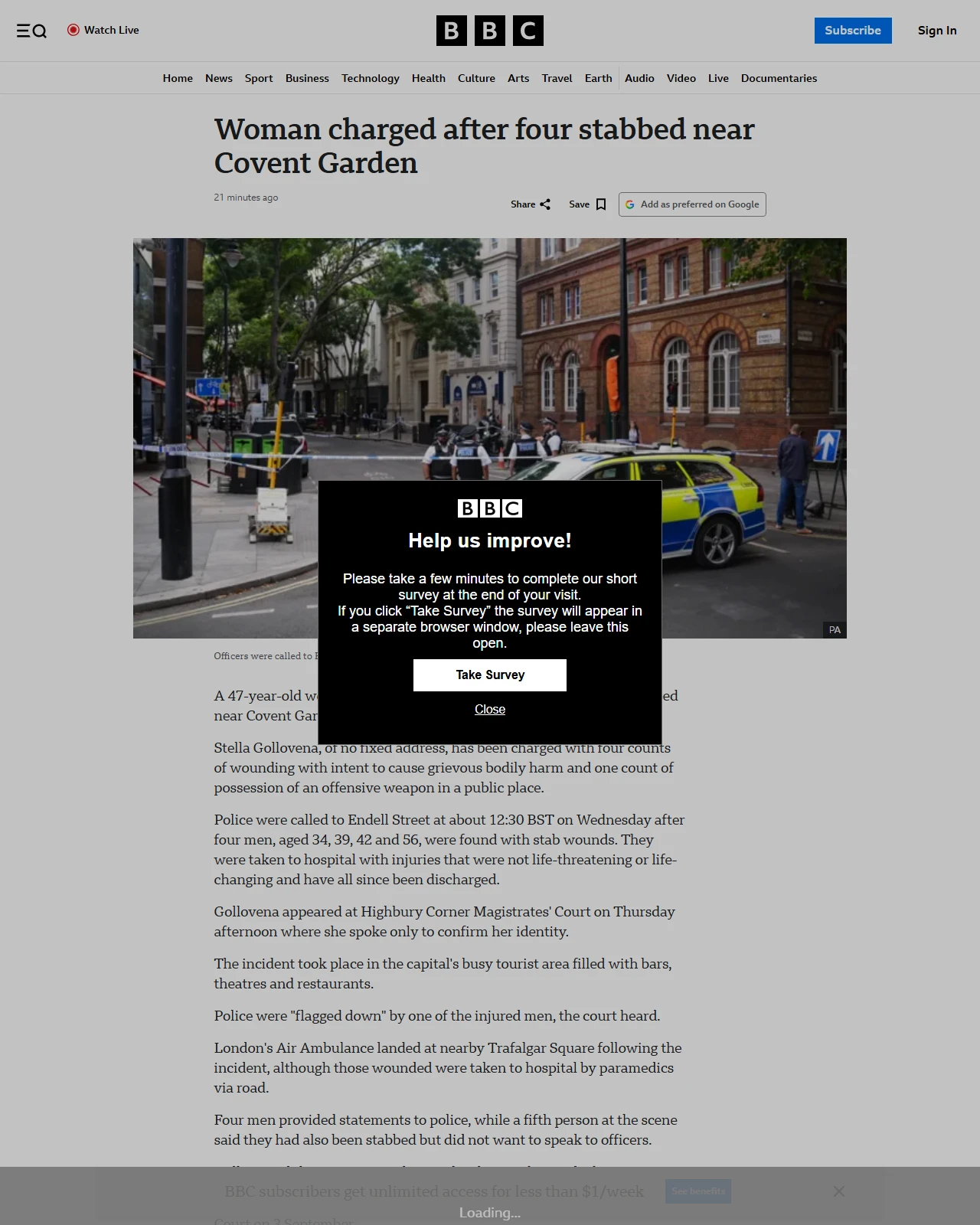 bbc.co.uk as published: Woman charged after four stabbed near Covent Garden