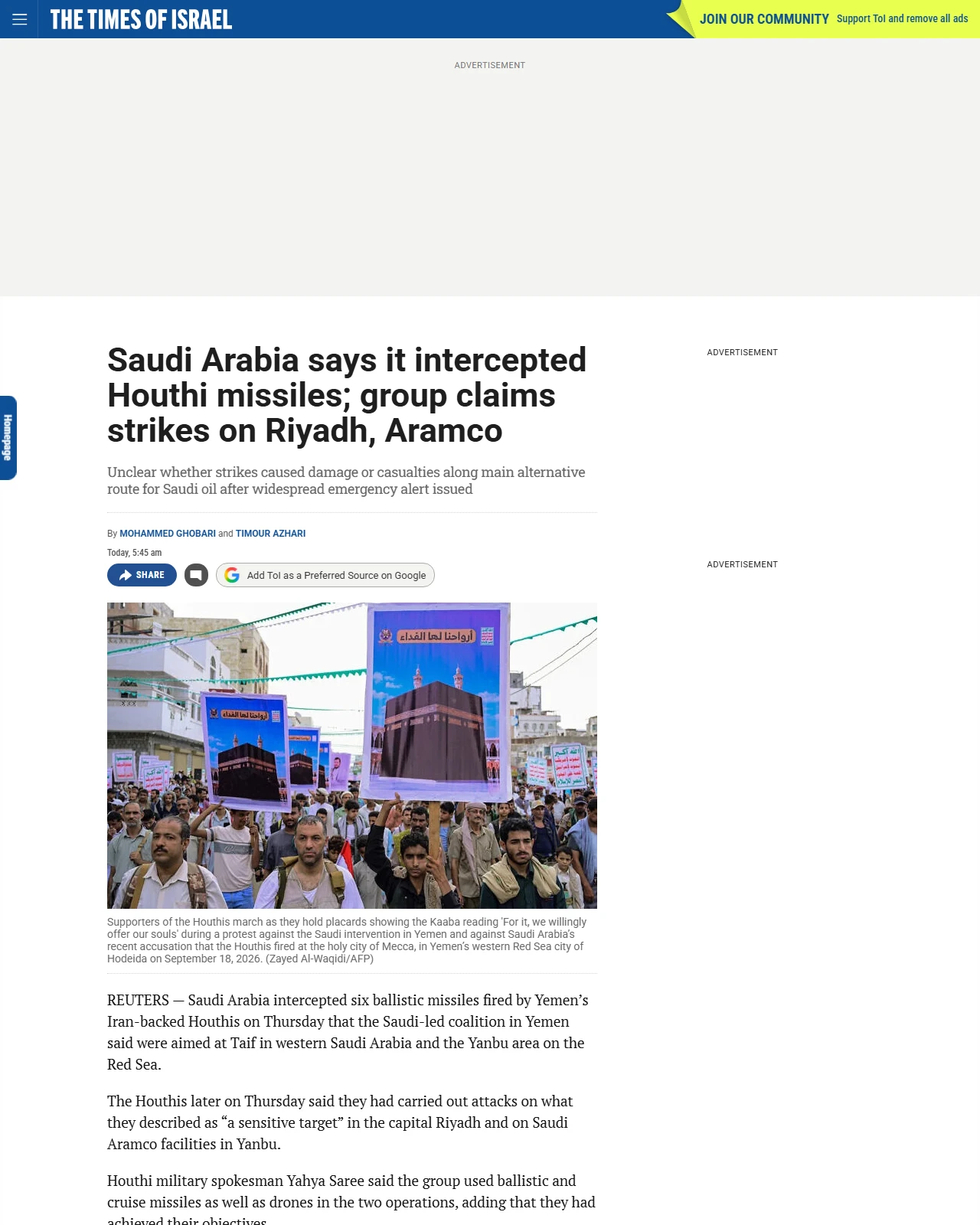 timesofisrael.com as published: Saudi Arabia says it intercepted Houthi missiles; group claims strikes on Riyadh, Aramco
