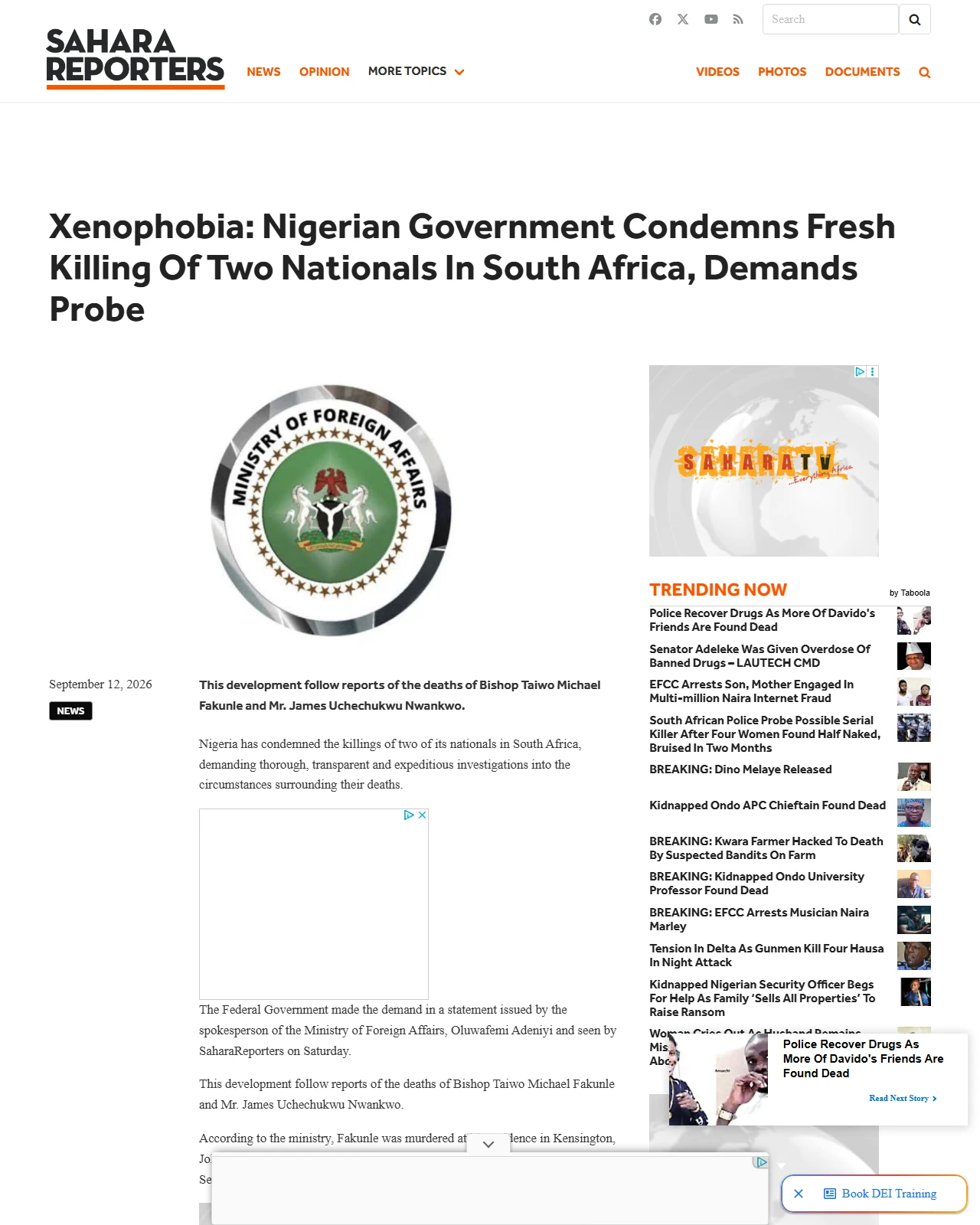 saharareporters.com as published: Xenophobia: Nigerian Government Condemns Fresh Killing Of Two Nationals In South Africa, Demands Probe