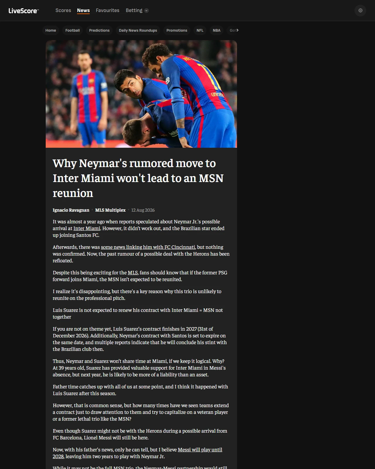 livescore.com as published: Why Neymar's rumored move to Inter Miami won't lead to an MSN reunion