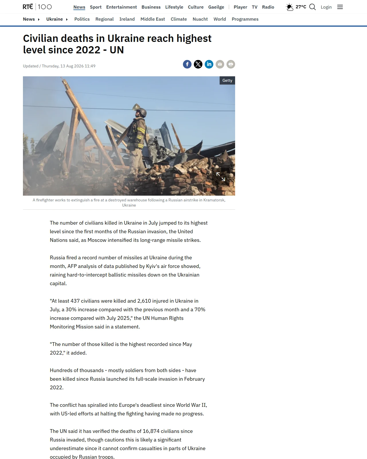 rte.ie as published: Civilian casualties in Ukraine highest since 2022 - UN