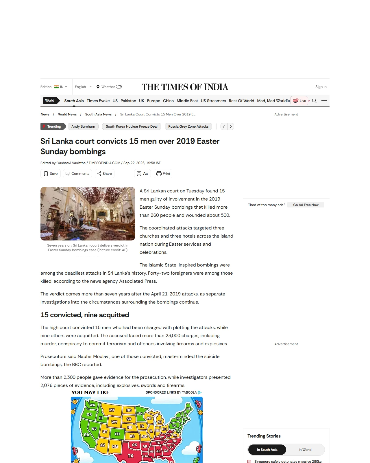 timesofindia.indiatimes.com as published: Sri Lanka court convicts 15 men over 2019 Easter Sunday bombings