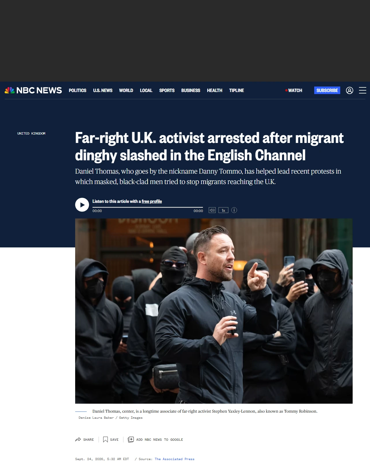 nbcnews.com as published: Far-right U.K. activist arrested after migrant dinghy slashed in the English Channel