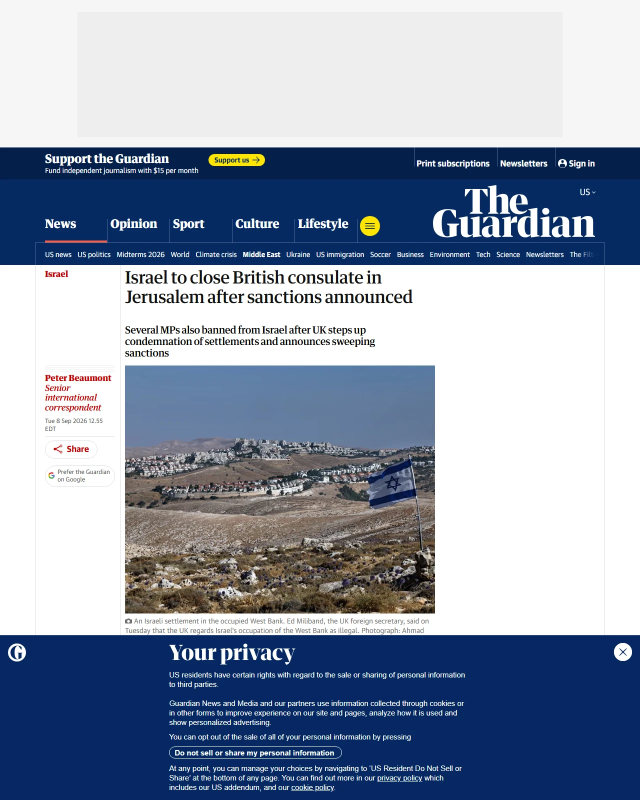 theguardian.com as published: Israel to close British consulate in Jerusalem after sanctions announced