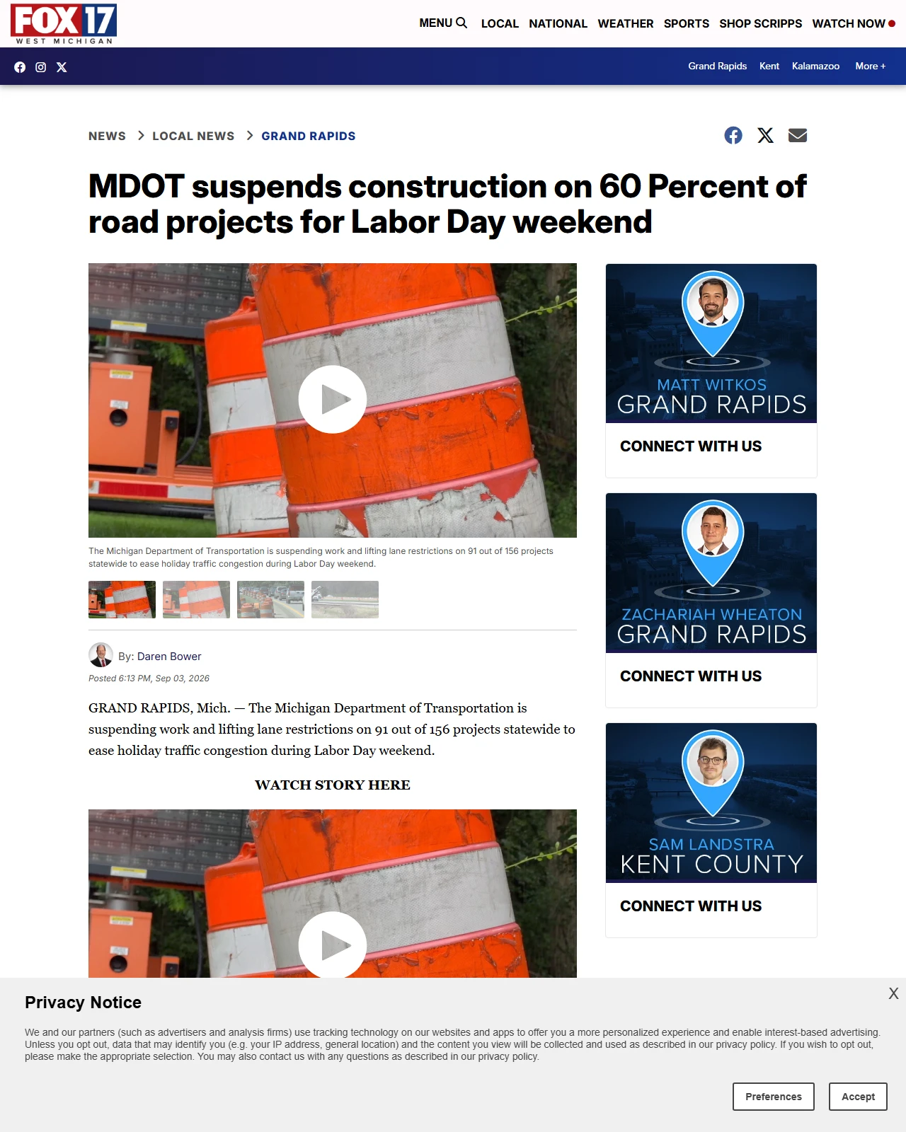 fox17online.com as published: MDOT suspends construction on 60 Percent of road projects for Labor Day weekend