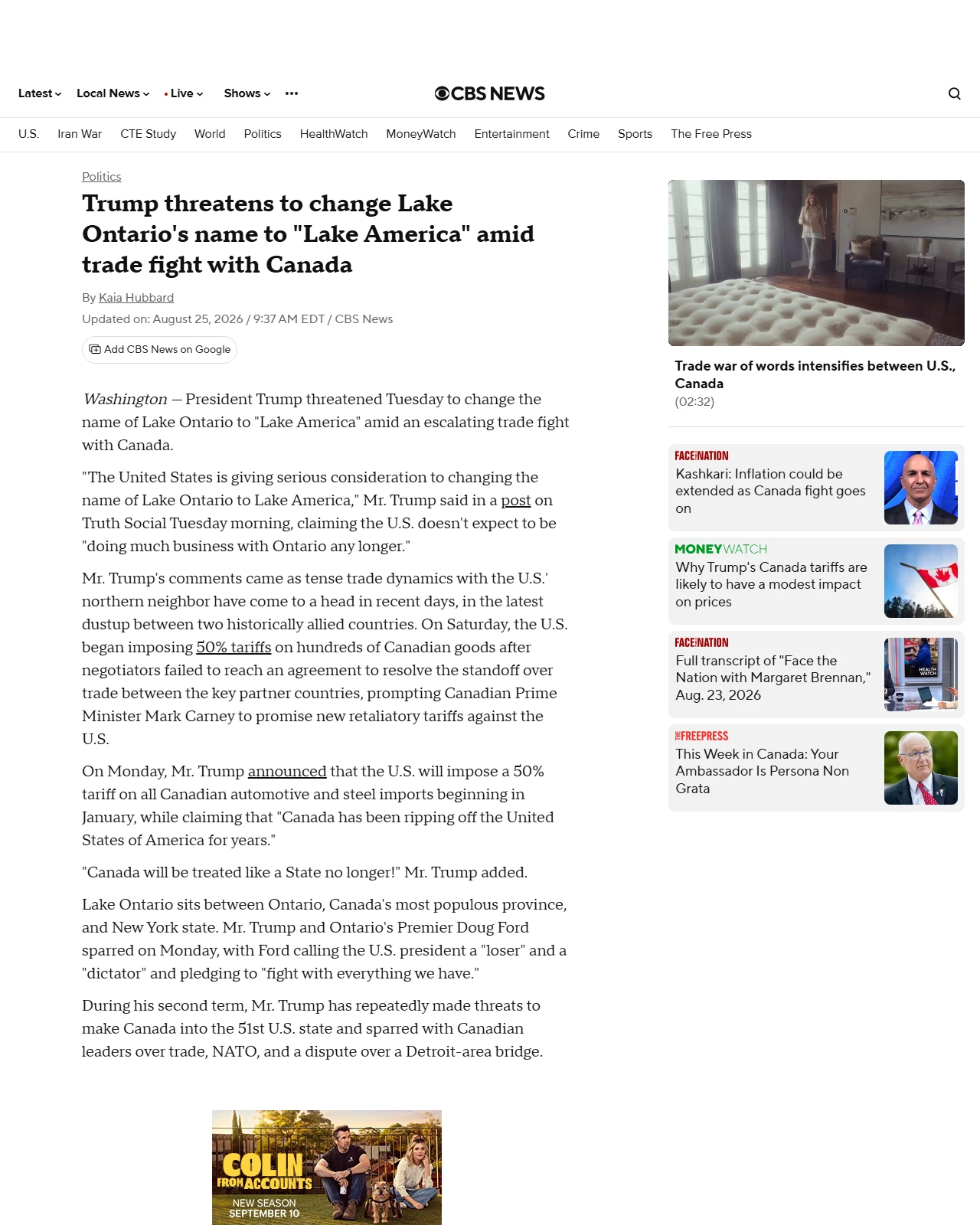 cbsnews.com as published: Trump threatens to change Lake Ontario's name as trade war with Canada heats up