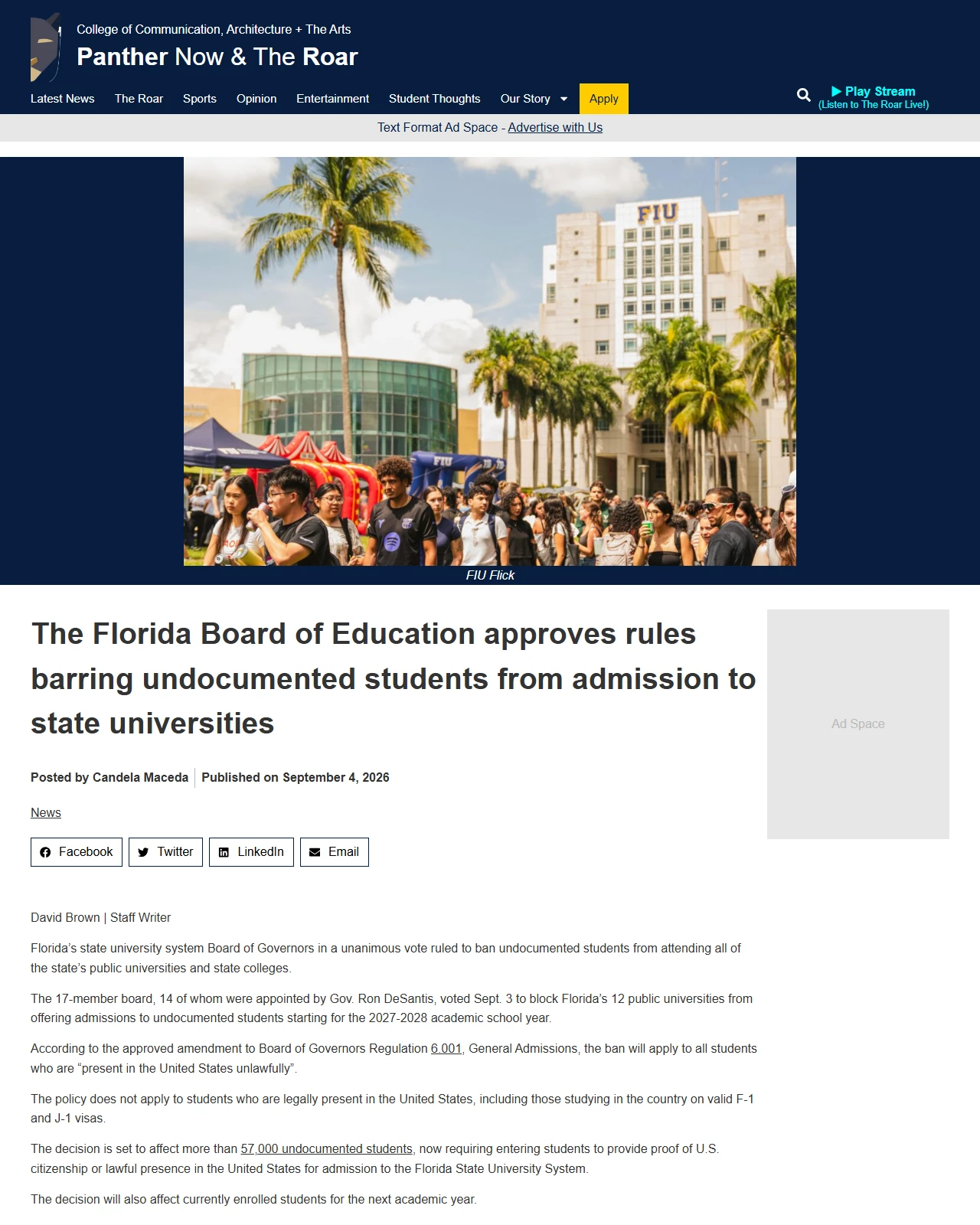 panthernow.com as published: The Florida Board of Education approves rules barring undocumented students from admission to state universities