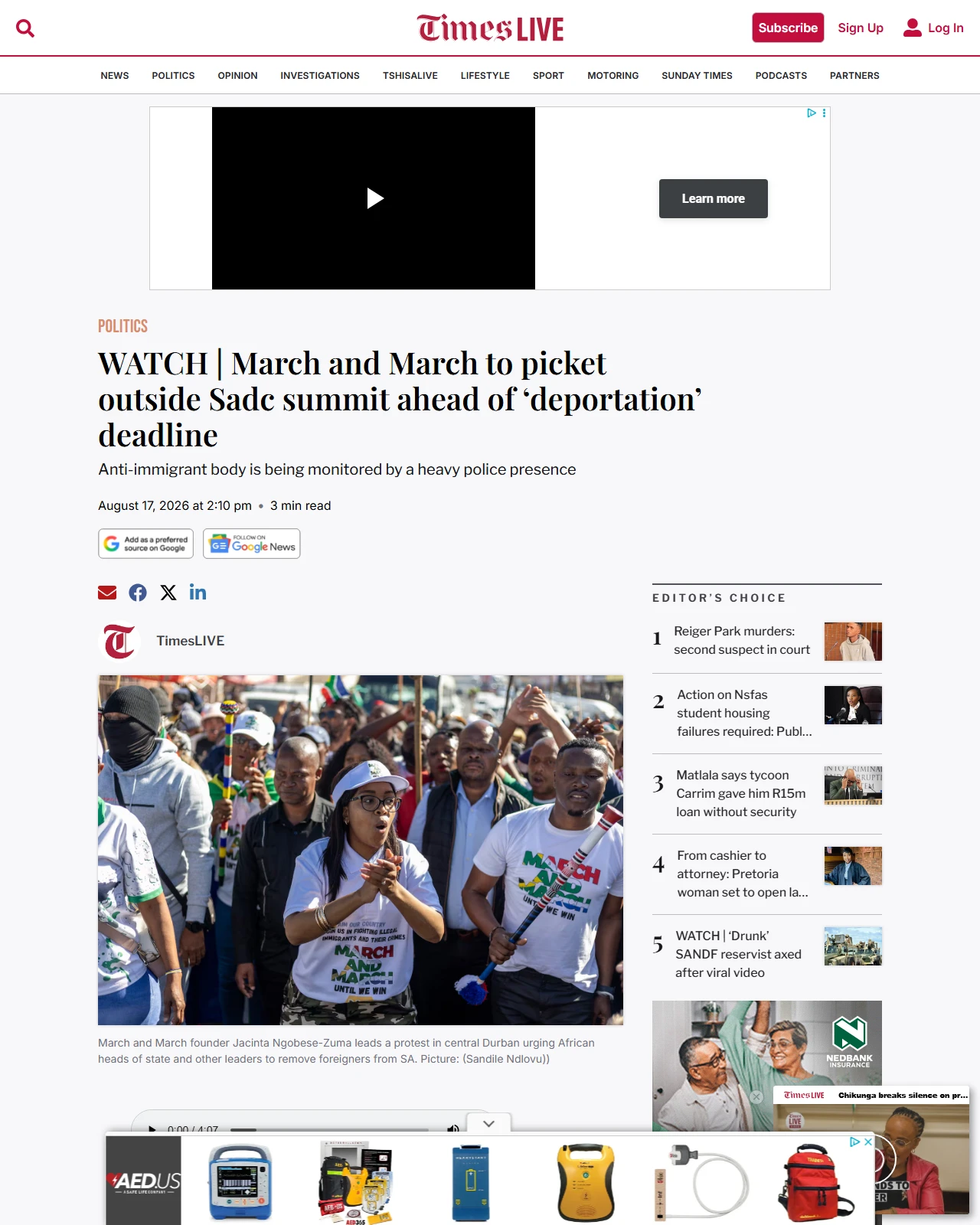 timeslive.co.za as published: WATCH | March and March to picket outside Sadc summit ahead of ‘deportation’ deadline