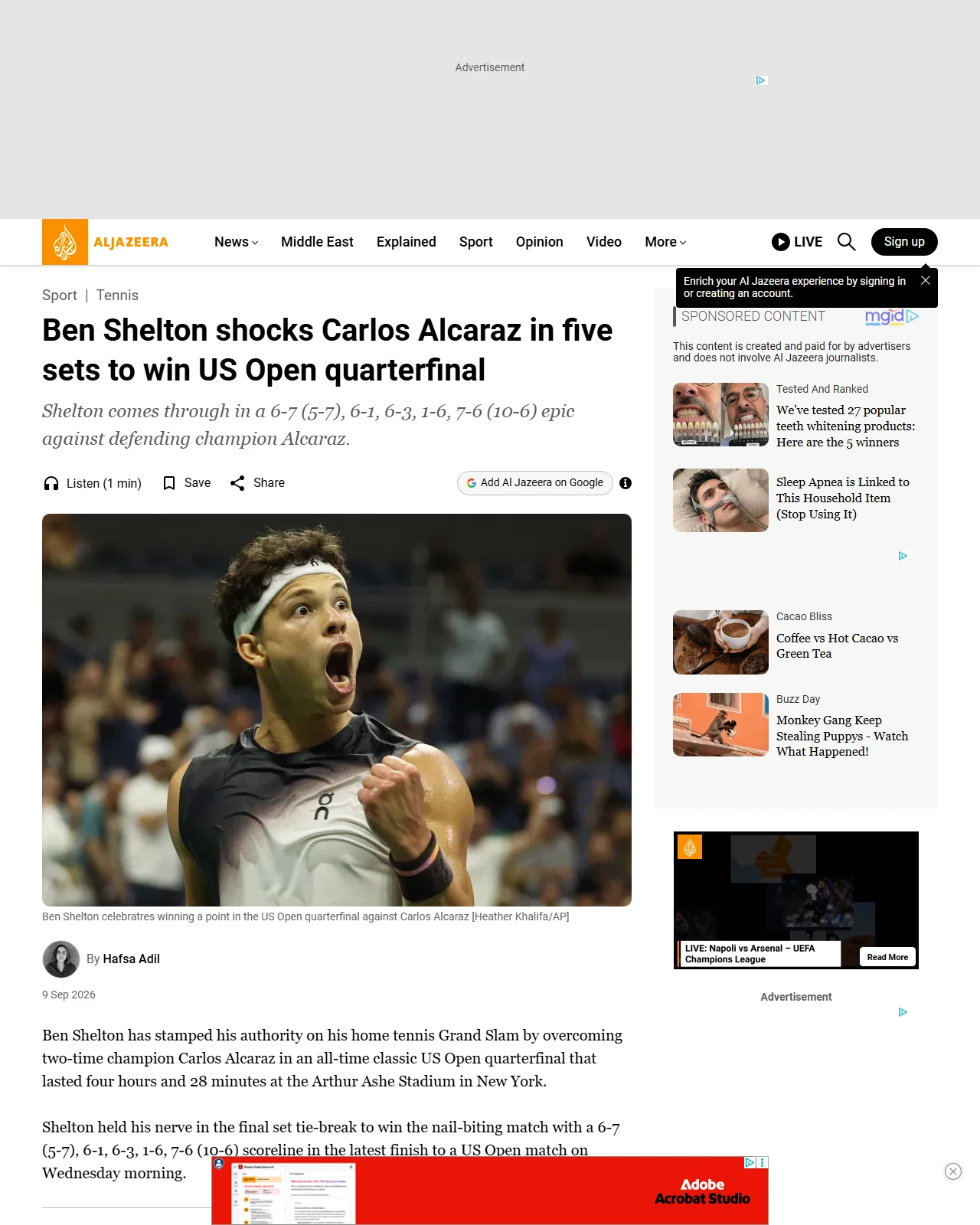 aljazeera.com as published: Ben Shelton shocks Carlos Alcaraz in five sets to win US Open quarterfinal