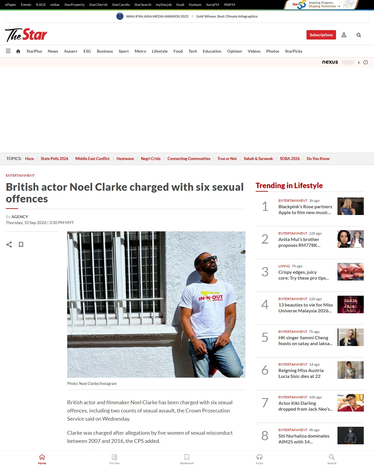thestar.com.my as published: British actor Noel Clarke charged with six sexual offences