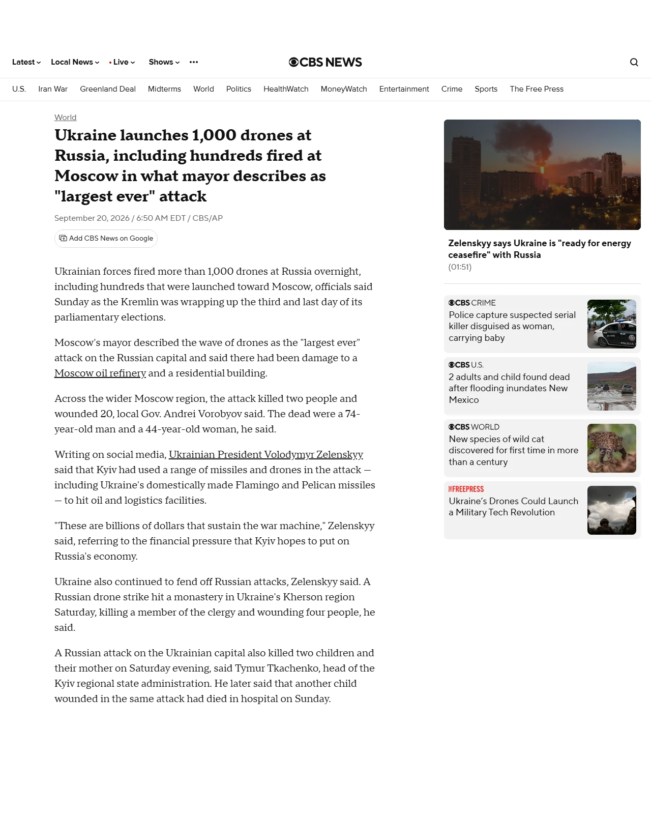 cbsnews.com as published: Ukraine launches 1,000 drones at Russia, including hundreds fired at Moscow