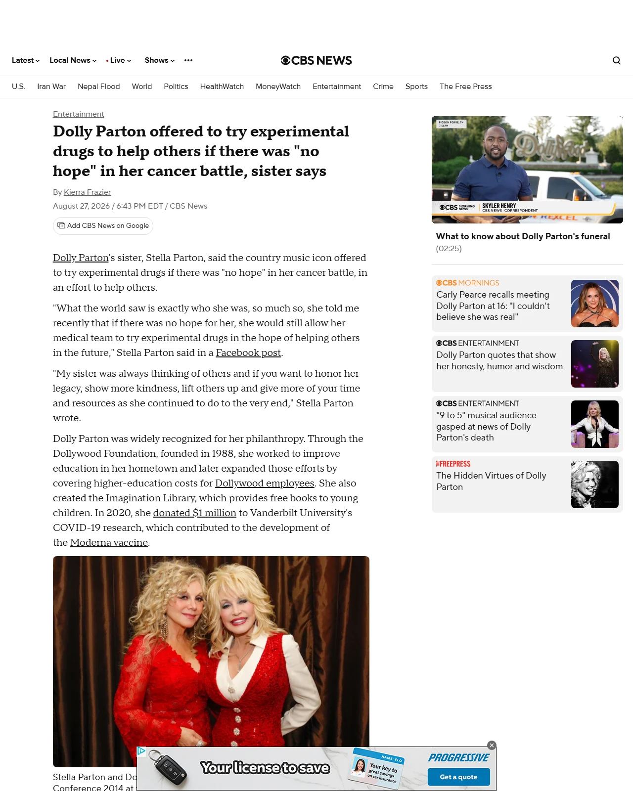 cbsnews.com as published: Dolly Parton offered to try experimental drugs if "no hope" in her cancer battle