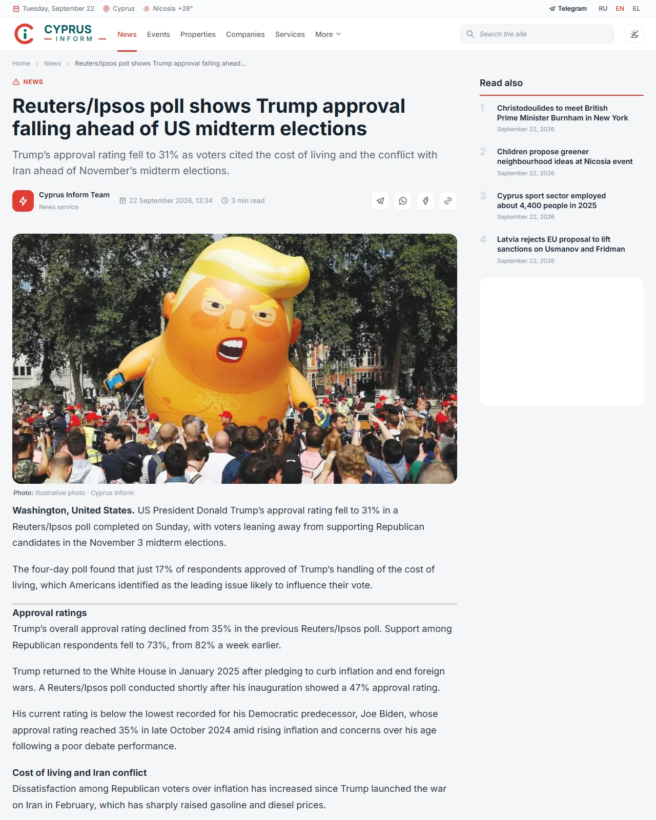 kiprinform.com as published: Reuters/Ipsos poll shows Trump approval falling ahead of US midterm elections