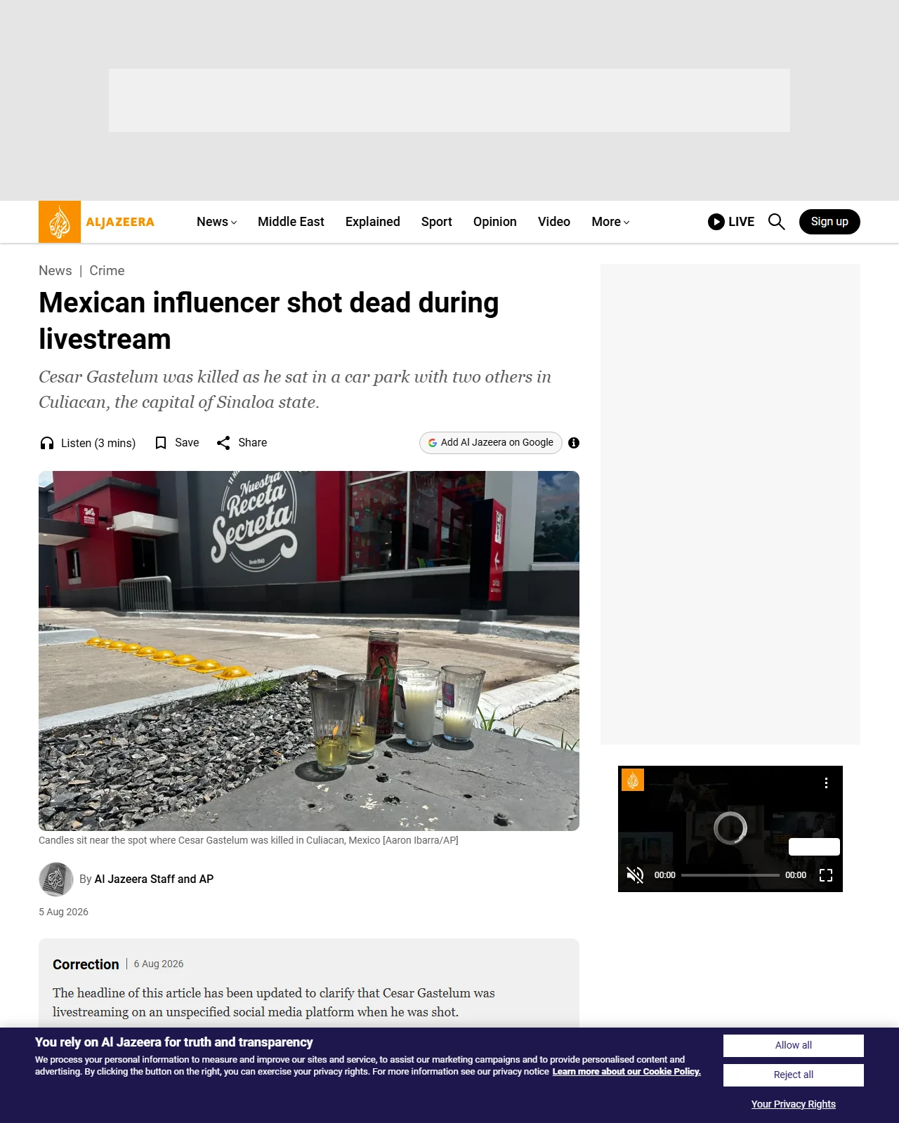 aljazeera.com as published: Mexican influencer shot dead during livestream