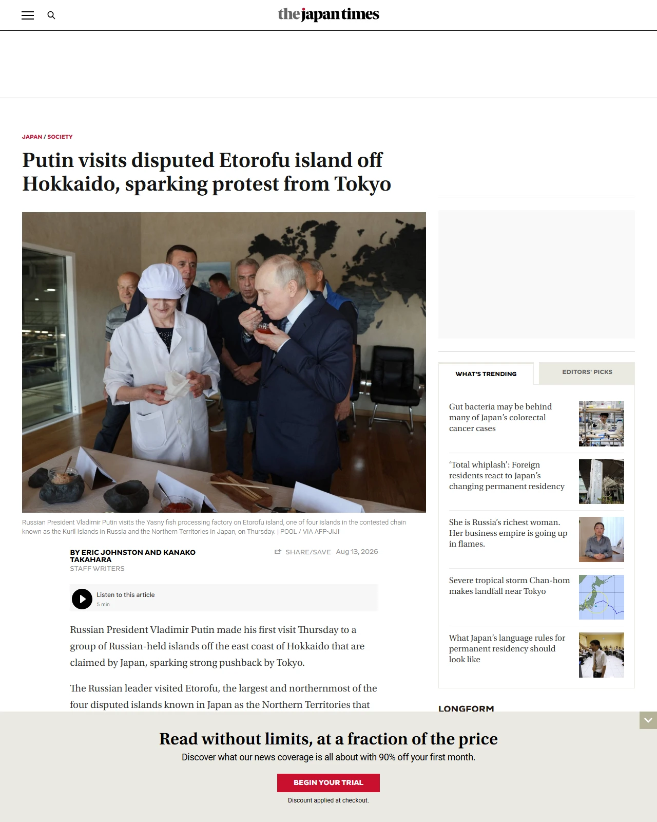 japantimes.co.jp as published: Putin visits disputed Etorofu island off Hokkaido, sparking protest from Tokyo