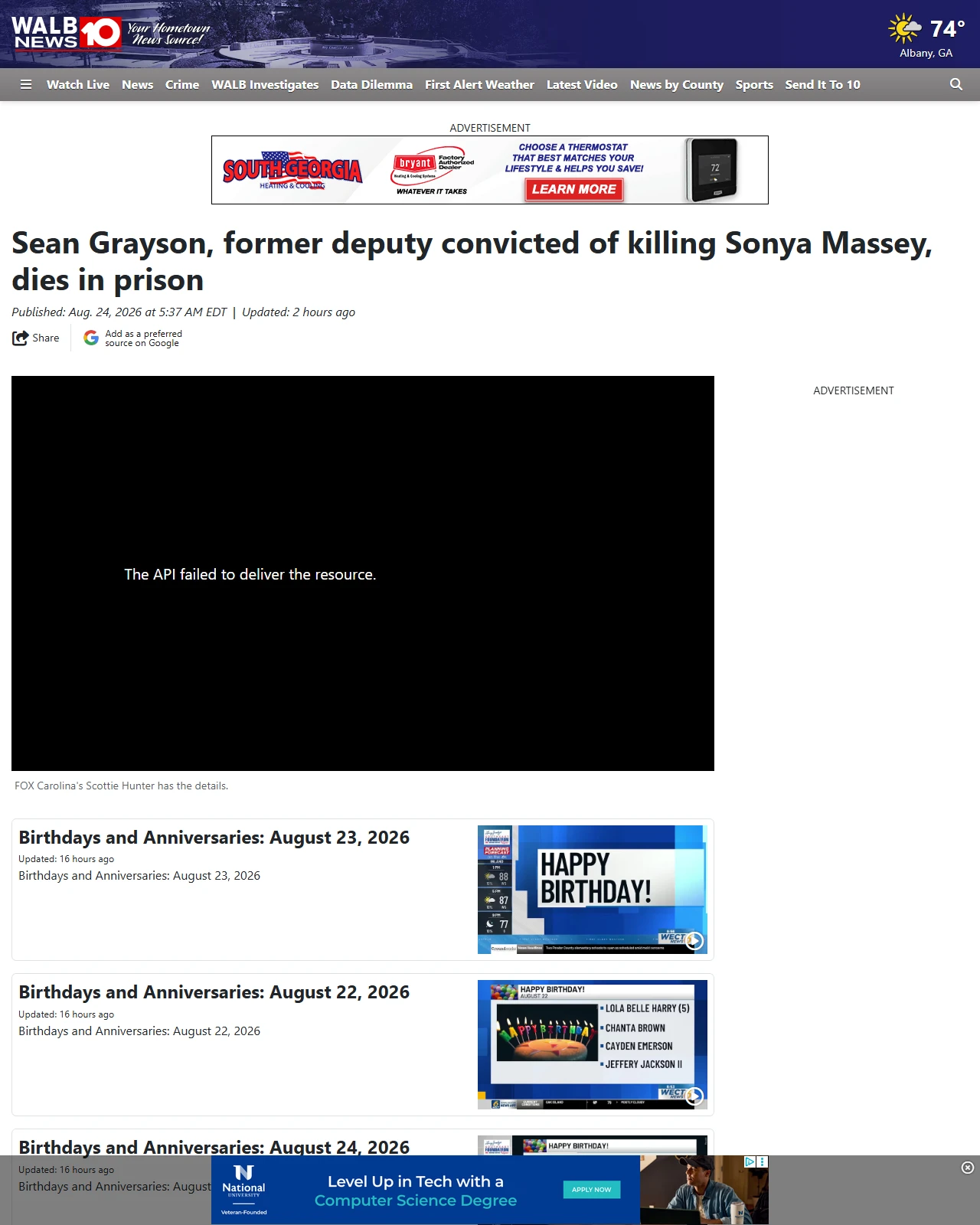 walb.com as published: Sean Grayson, former deputy convicted of killing Sonya Massey, dies in prison