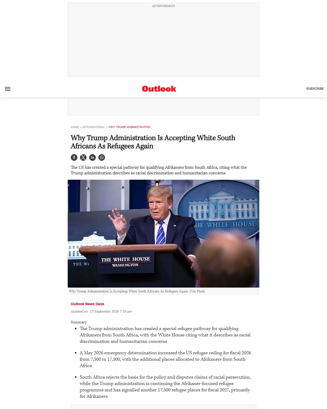 outlookindia.com as published: Why Trump Administration Is Accepting White South Africans As Refugees Again