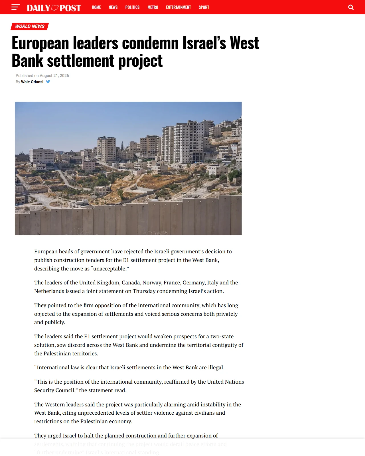 dailypost.ng as published: European leaders condemn Israel’s West Bank settlement project