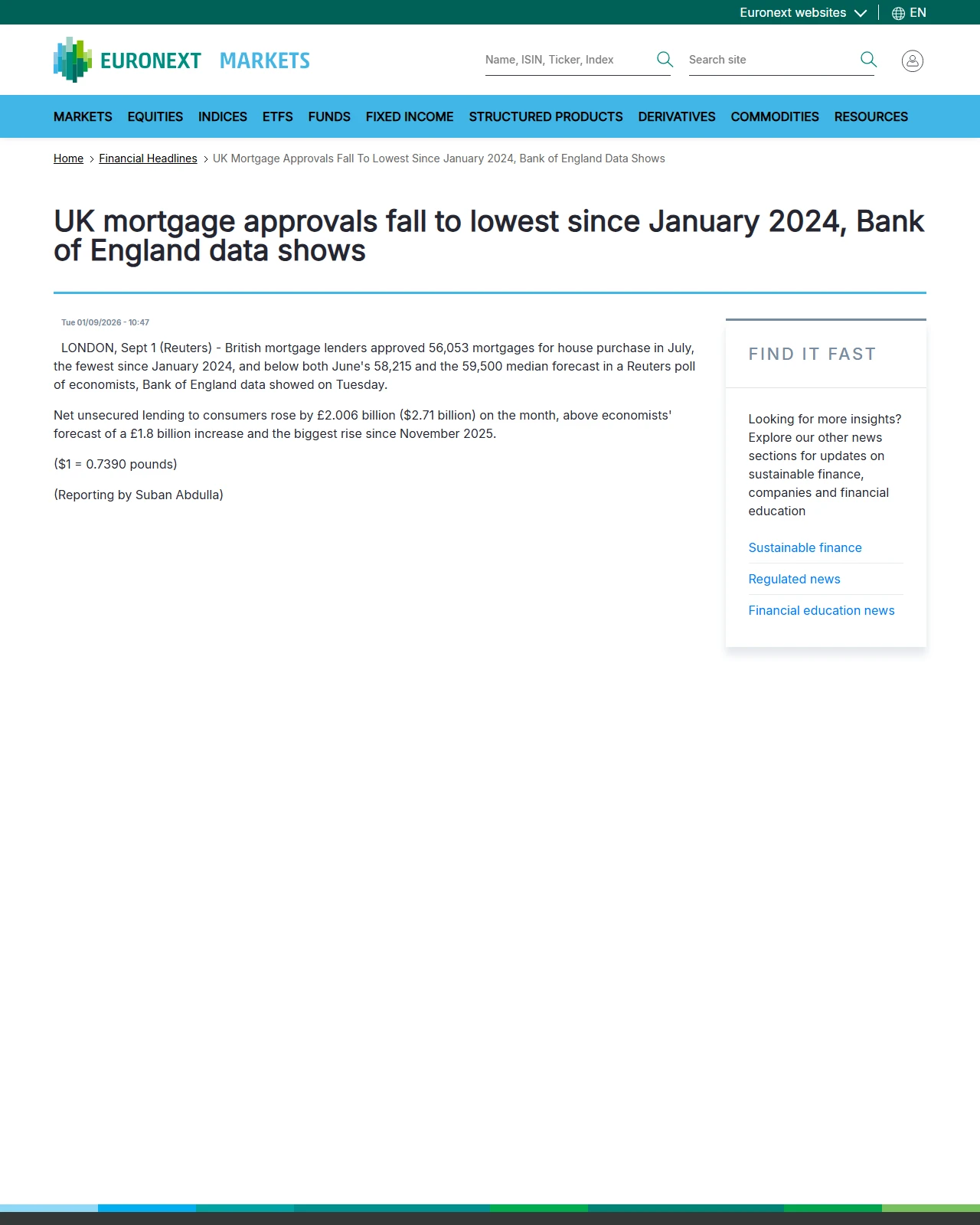live.euronext.com as published: UK mortgage approvals fall to lowest since January 2024, Bank of England data shows - Euronext Markets: Real-time Stock Market Data | live