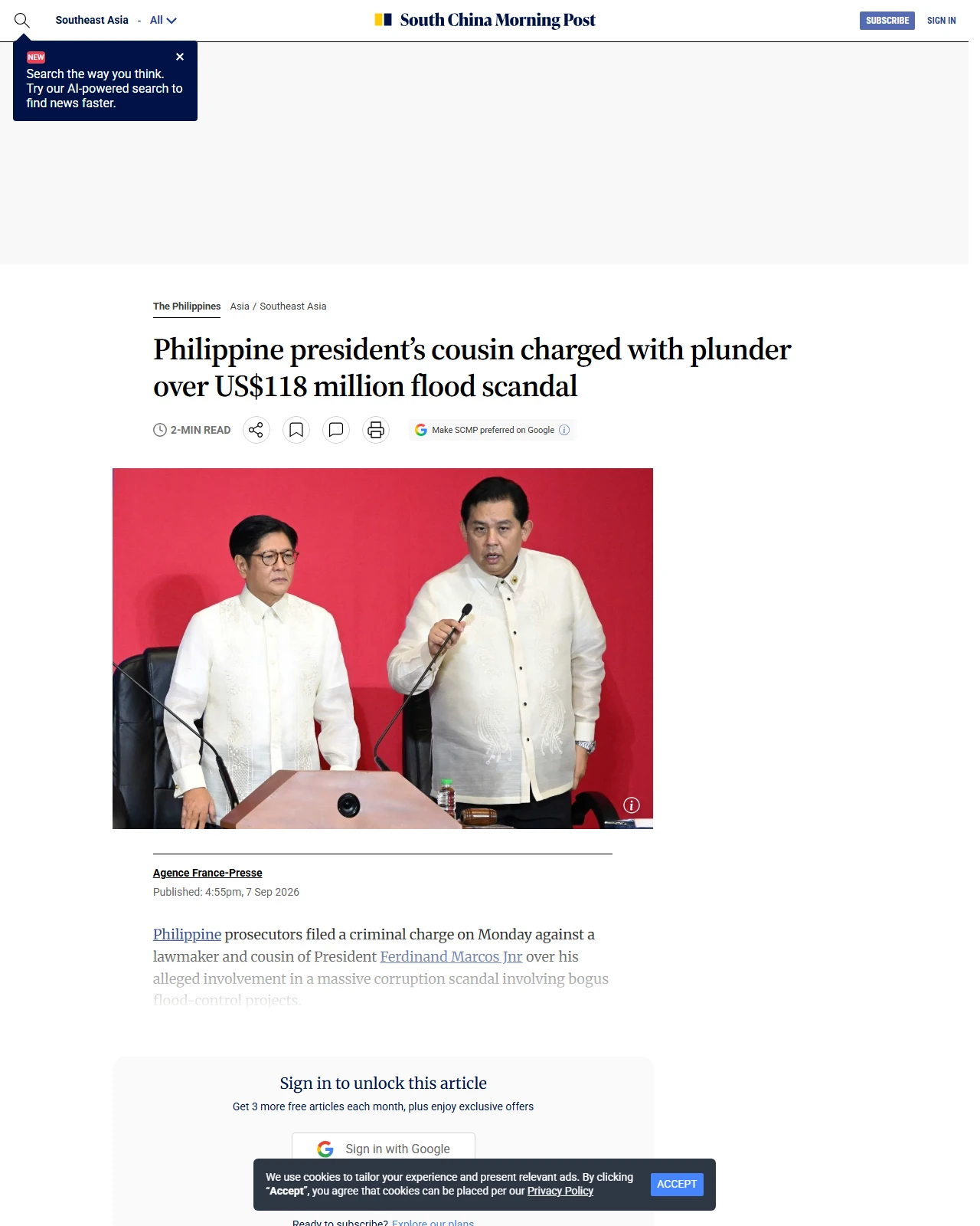 scmp.com as published: Philippine president’s cousin charged with plunder over US$118 million flood scandal