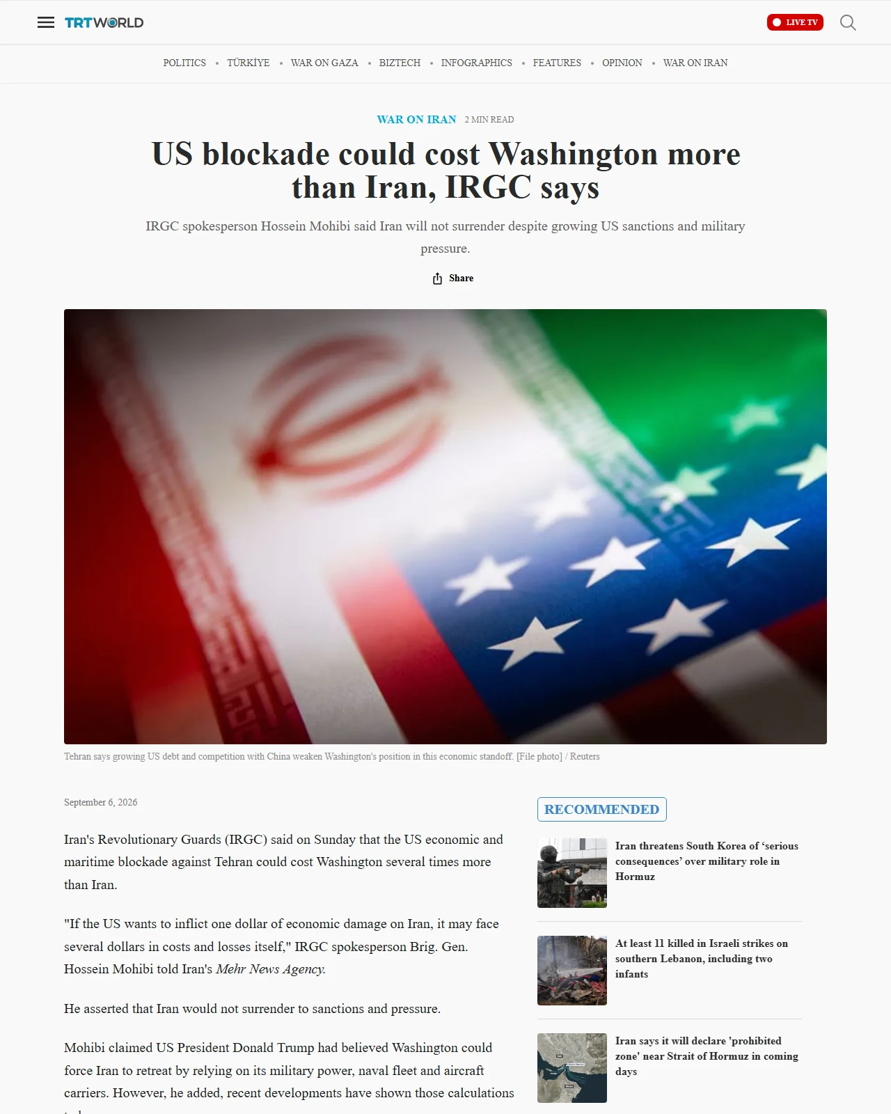 trtworld.com as published: US blockade could cost Washington more than Iran, IRGC says