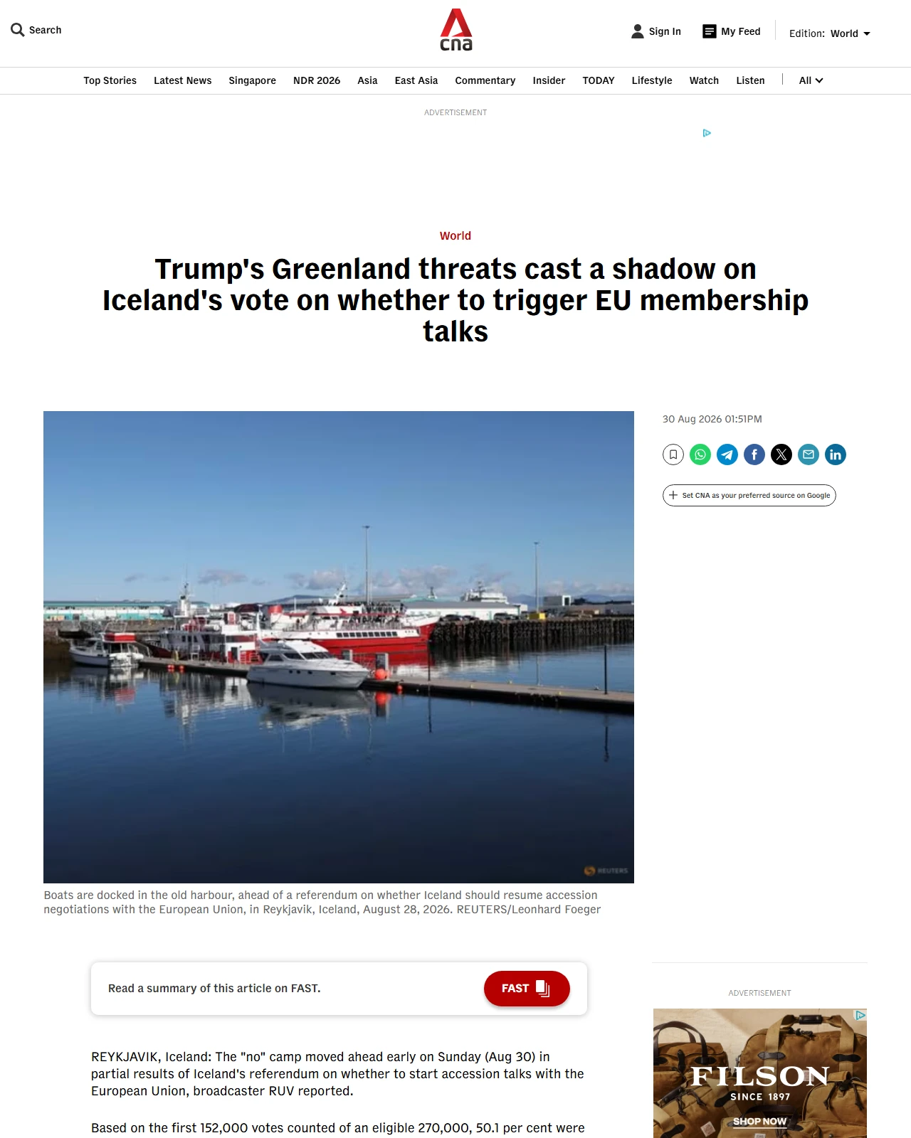 channelnewsasia.com as published: Trump's Greenland threats cast a shadow on Iceland's vote on whether to trigger EU membership talks