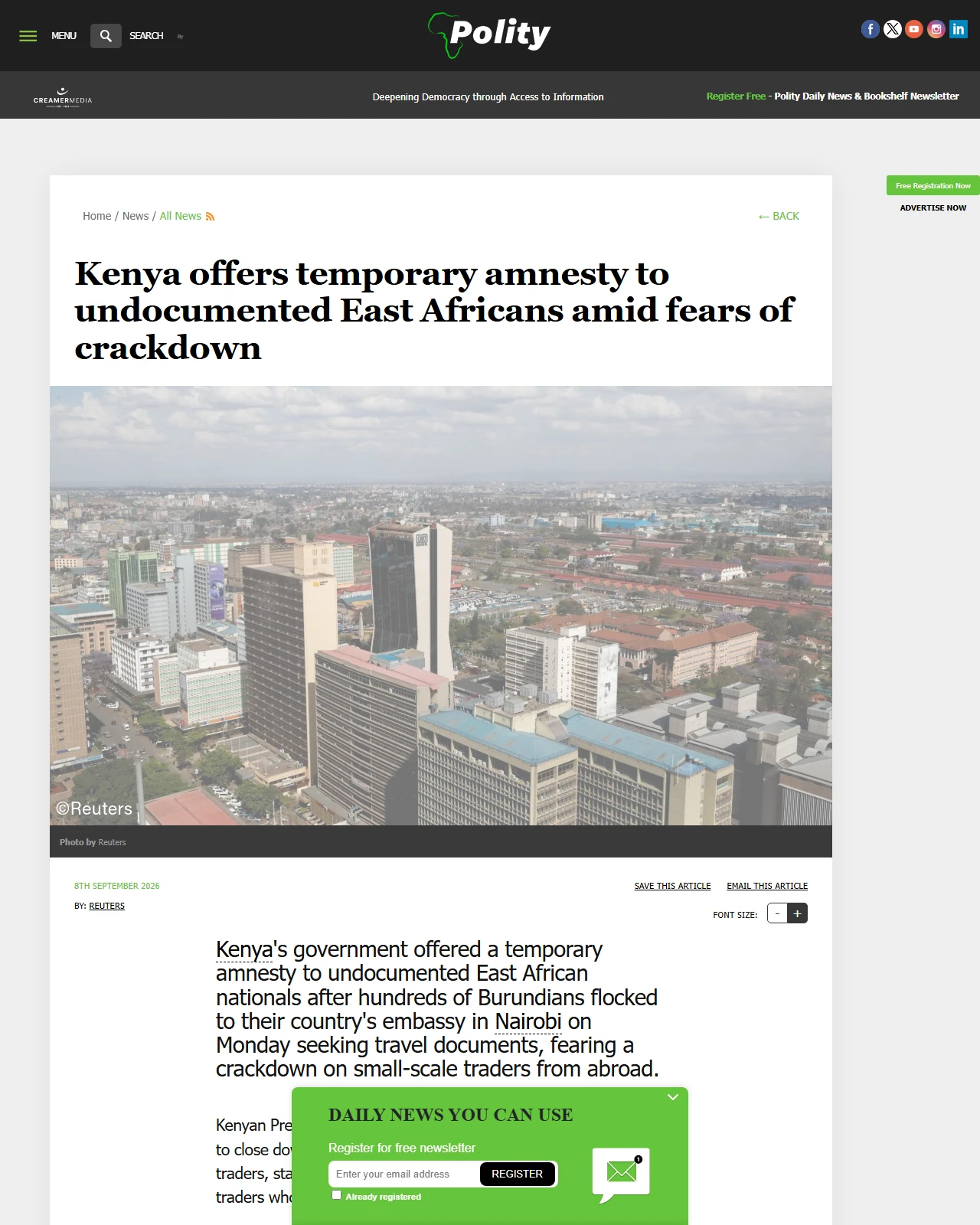 polity.org.za as published: Kenya offers temporary amnesty to undocumented East Africans amid fears of crackdown