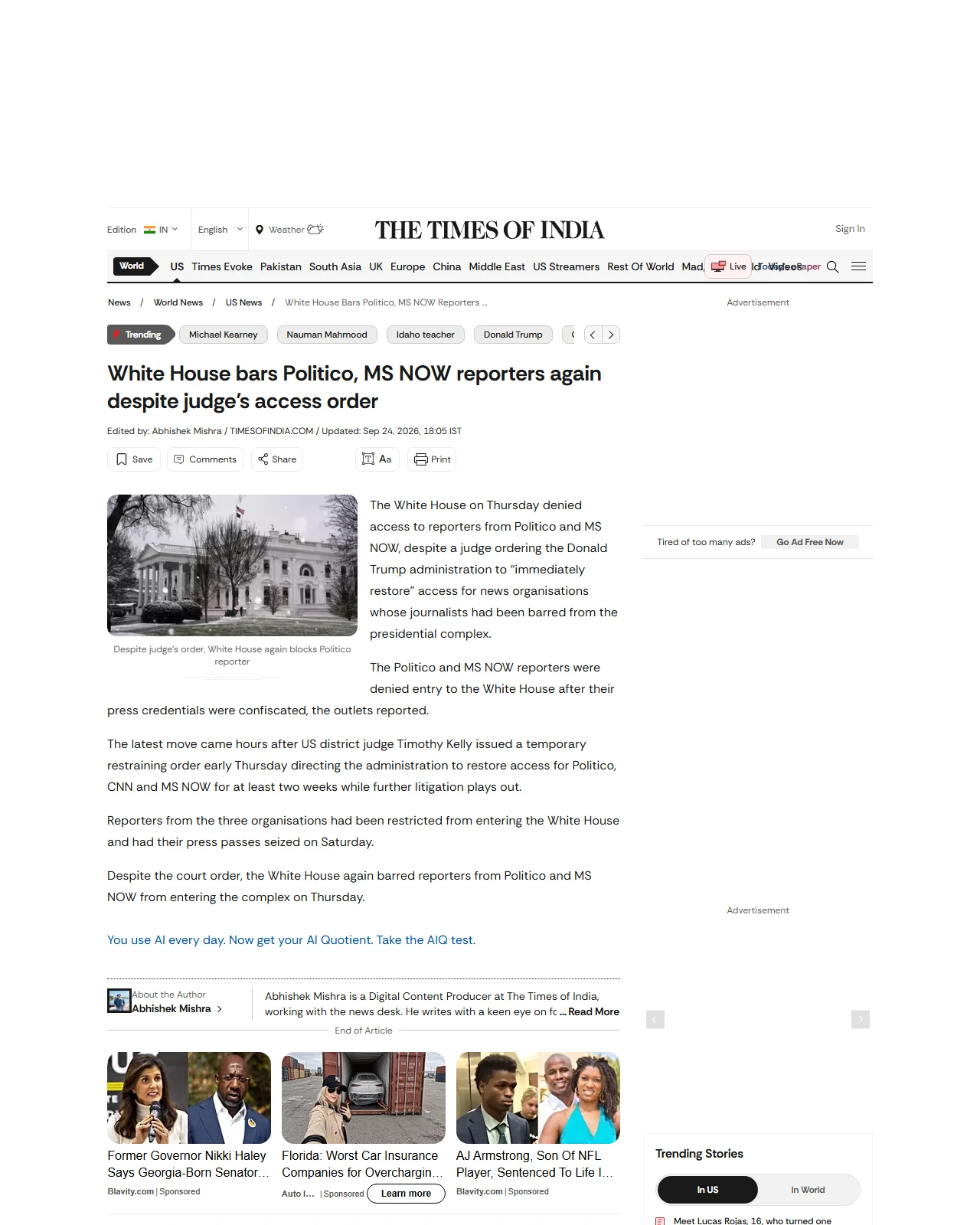timesofindia.indiatimes.com as published: White House bars Politico reporter again despite judge's access order