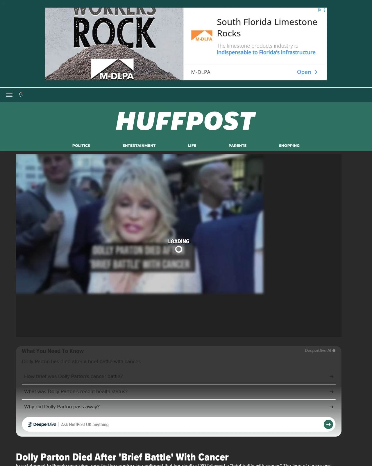 huffingtonpost.co.uk as published: Dolly Parton Died After 'Brief Battle' With Cancer