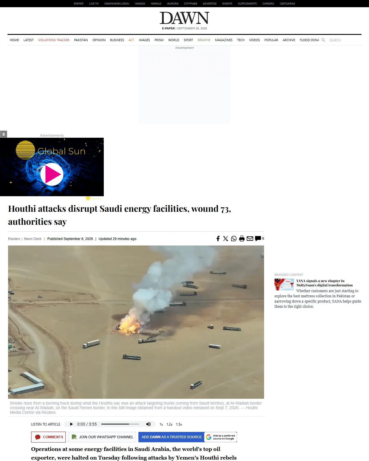 dawn.com as published: Houthi attacks disrupt Saudi energy facilities, wound 73, authorities say