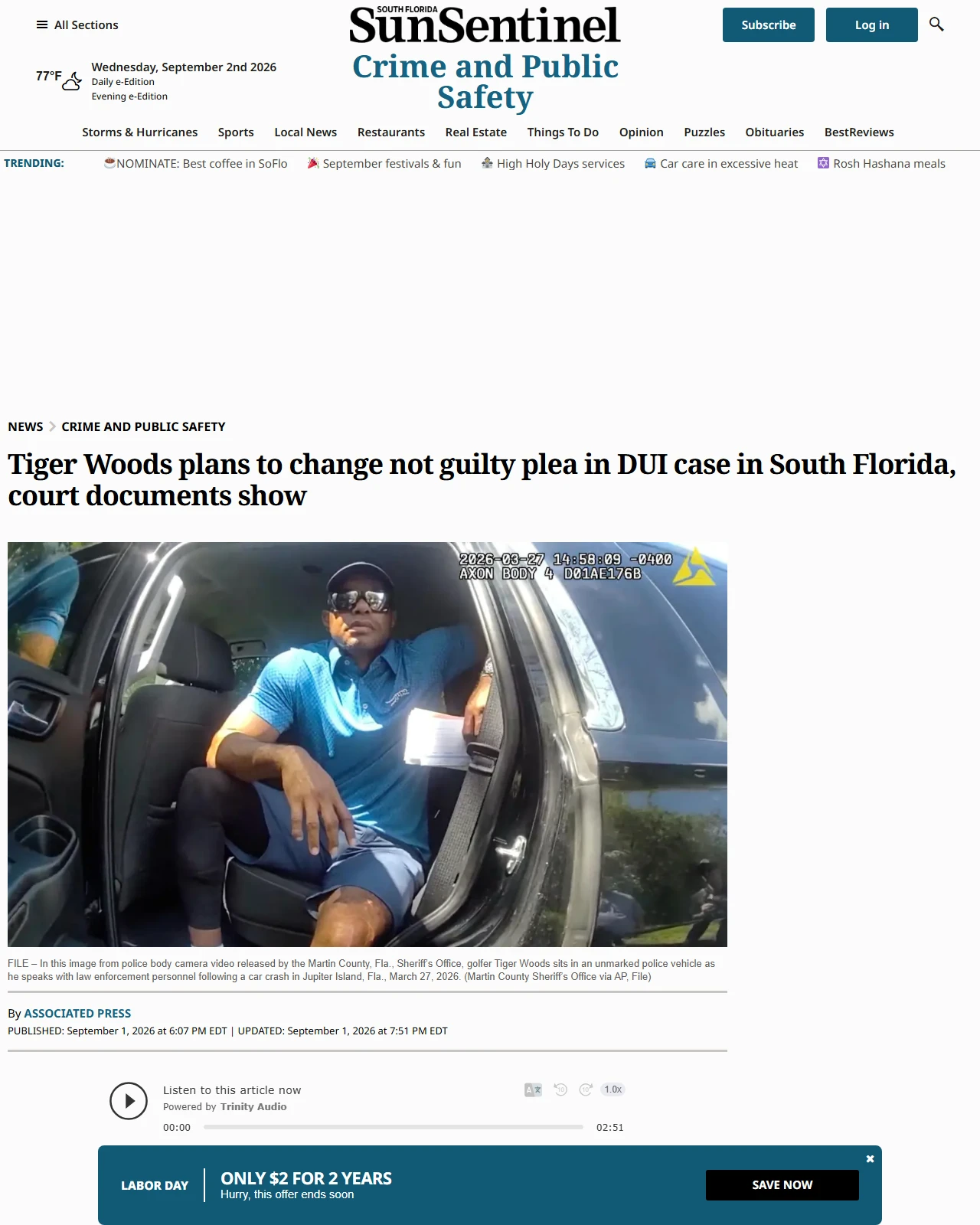 sun-sentinel.com as published: Court documents show Tiger Woods plans to change not guilty plea in DUI case in Florida