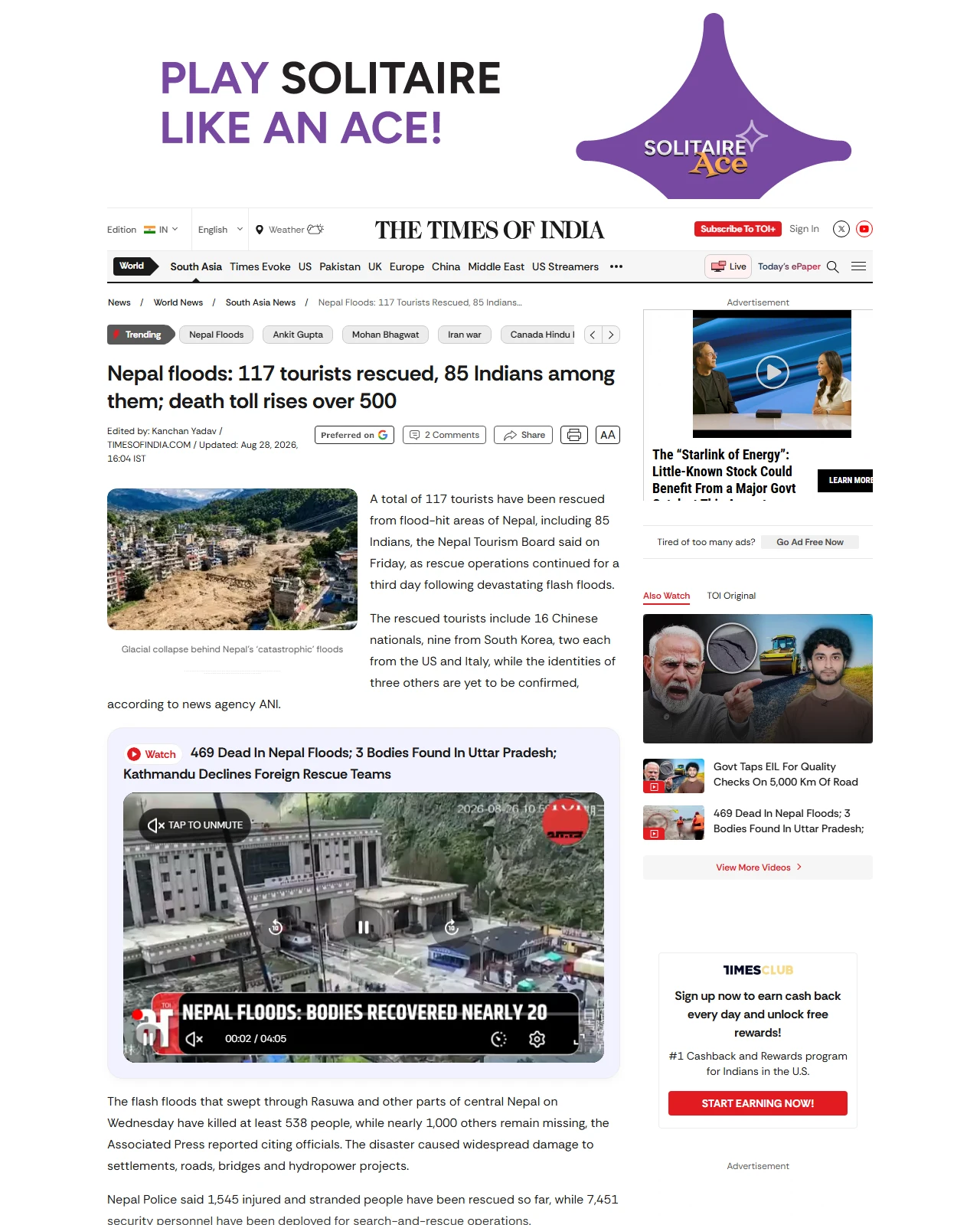 timesofindia.indiatimes.com as published: Nepal floods: 117 tourists rescued, 85 Indians among them; death toll rises over 500