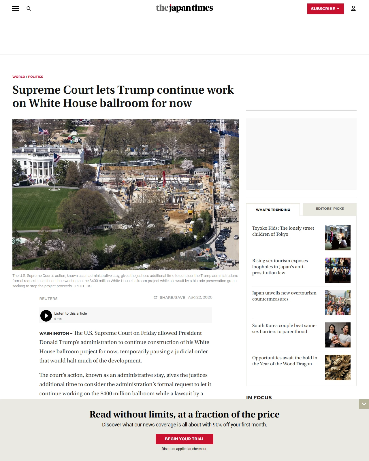 japantimes.co.jp as published: Supreme Court lets Trump continue work on White House ballroom for now