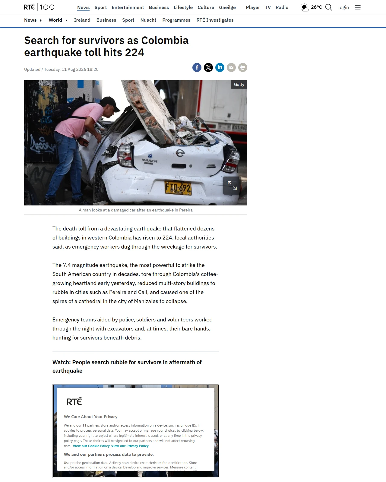 rte.ie as published: Search for survivors as Colombia earthquake toll hits 224