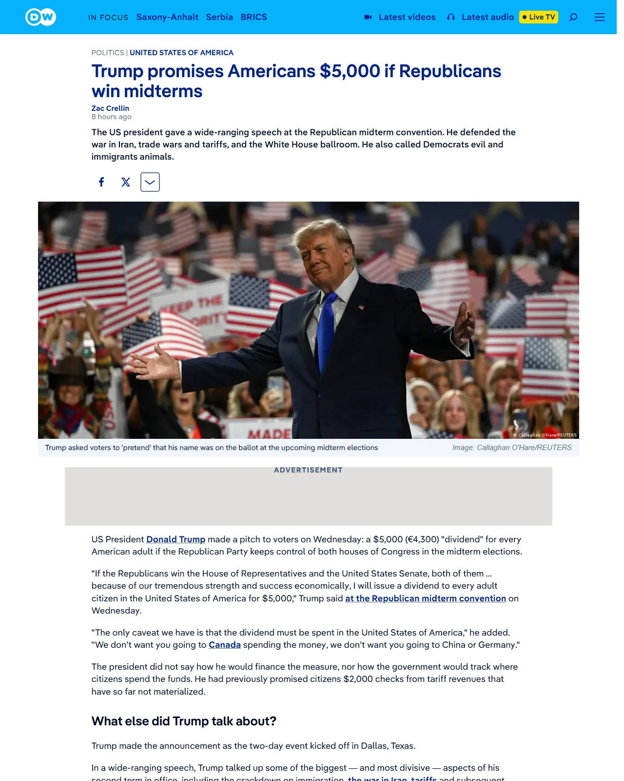 dw.com as published: Trump promises Americans $5,000 if Republicans win midterms