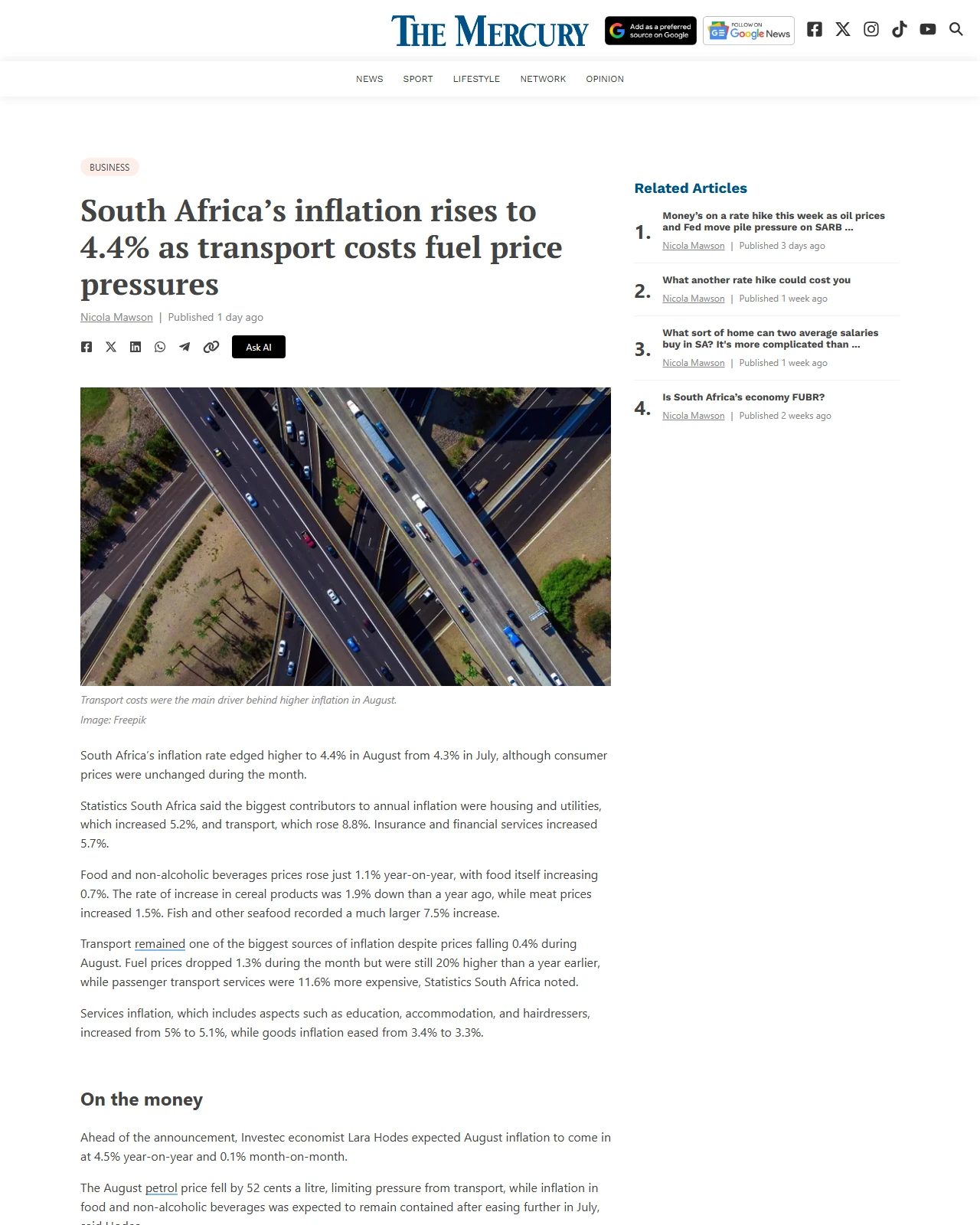 themercury.co.za as published: South Africa’s inflation rises to 4.4% as transport costs fuel price pressures
