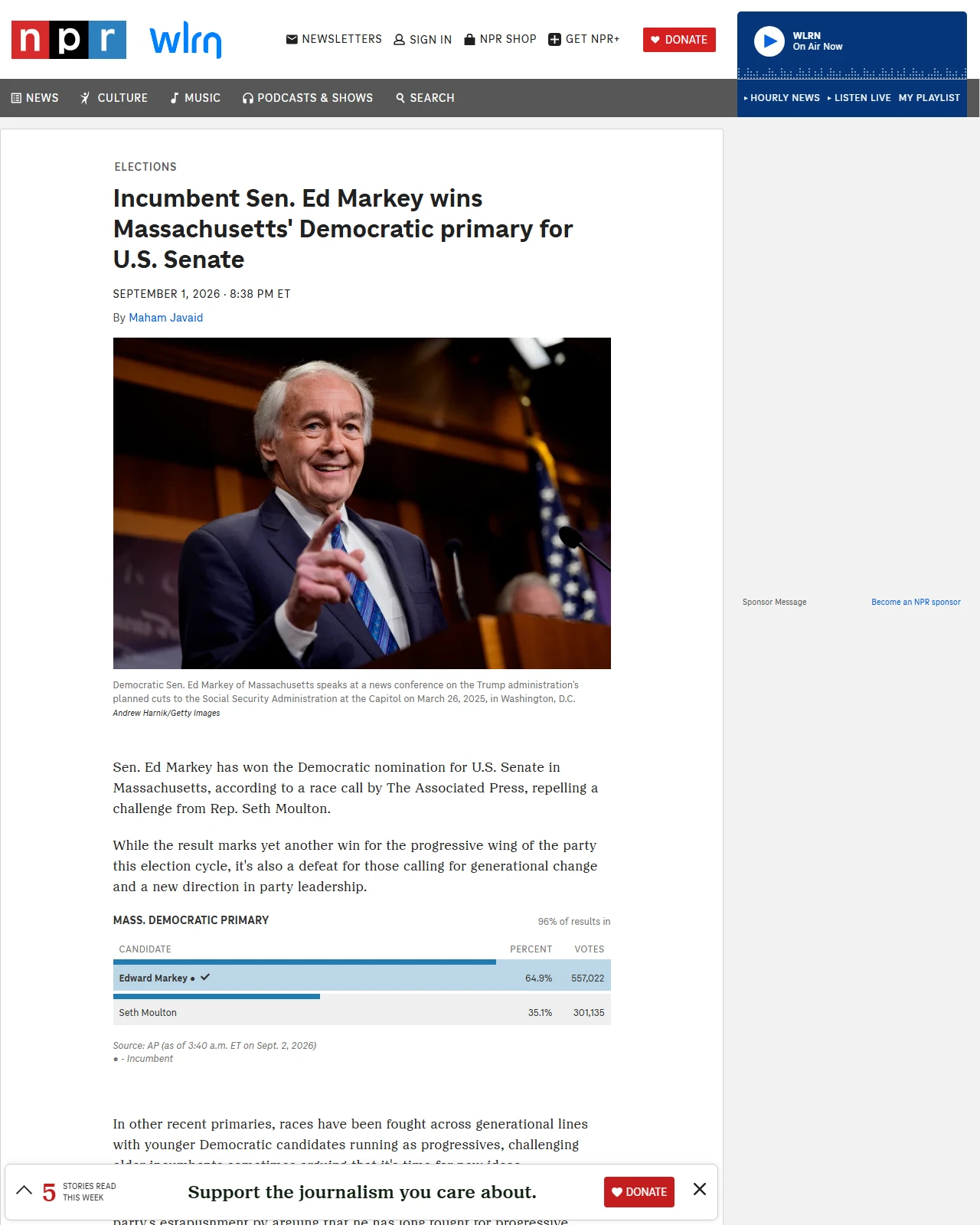 npr.org as published: Incumbent Sen. Ed Markey wins Massachusetts' Democratic primary for US Senate