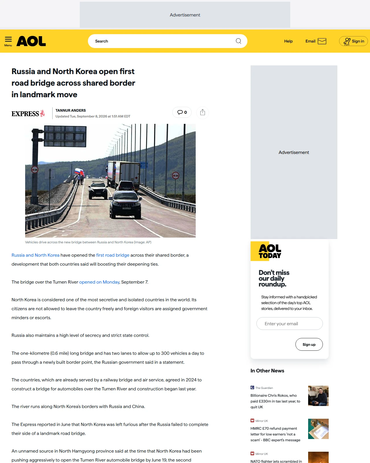 aol.co.uk as published: Russia and North Korea open first road bridge across shared border in landmark move