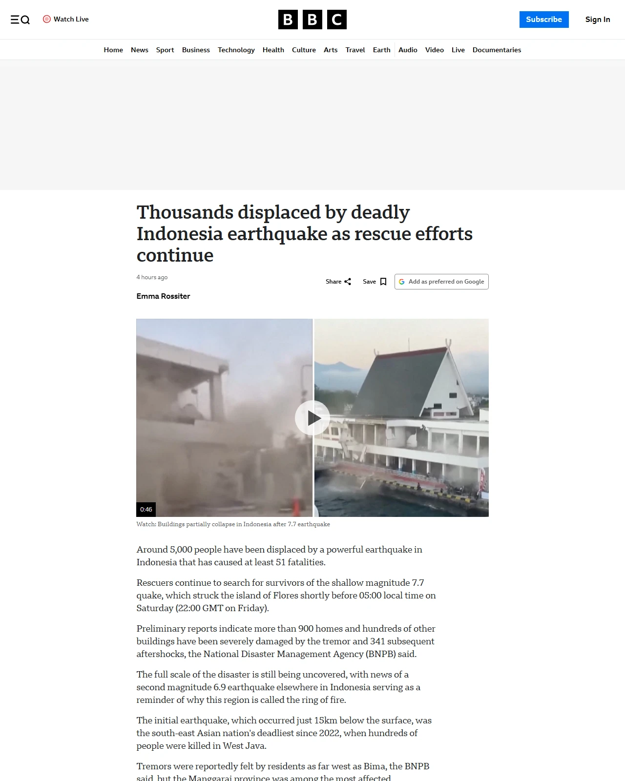 bbc.co.uk as published: Thousands displaced by deadly Indonesia earthquake as rescue efforts continue