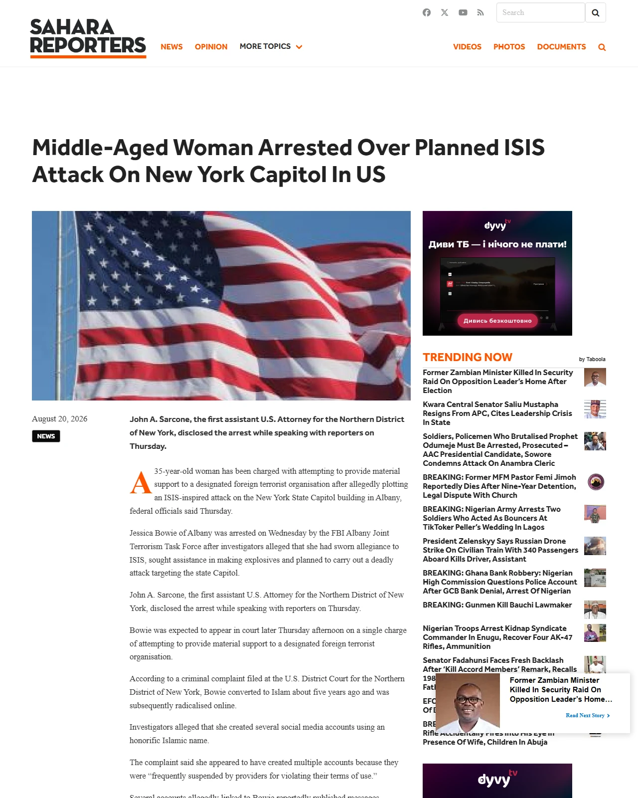saharareporters.com as published: Middle-Aged Woman Arrested Over Planned ISIS Attack On New York Capitol In US