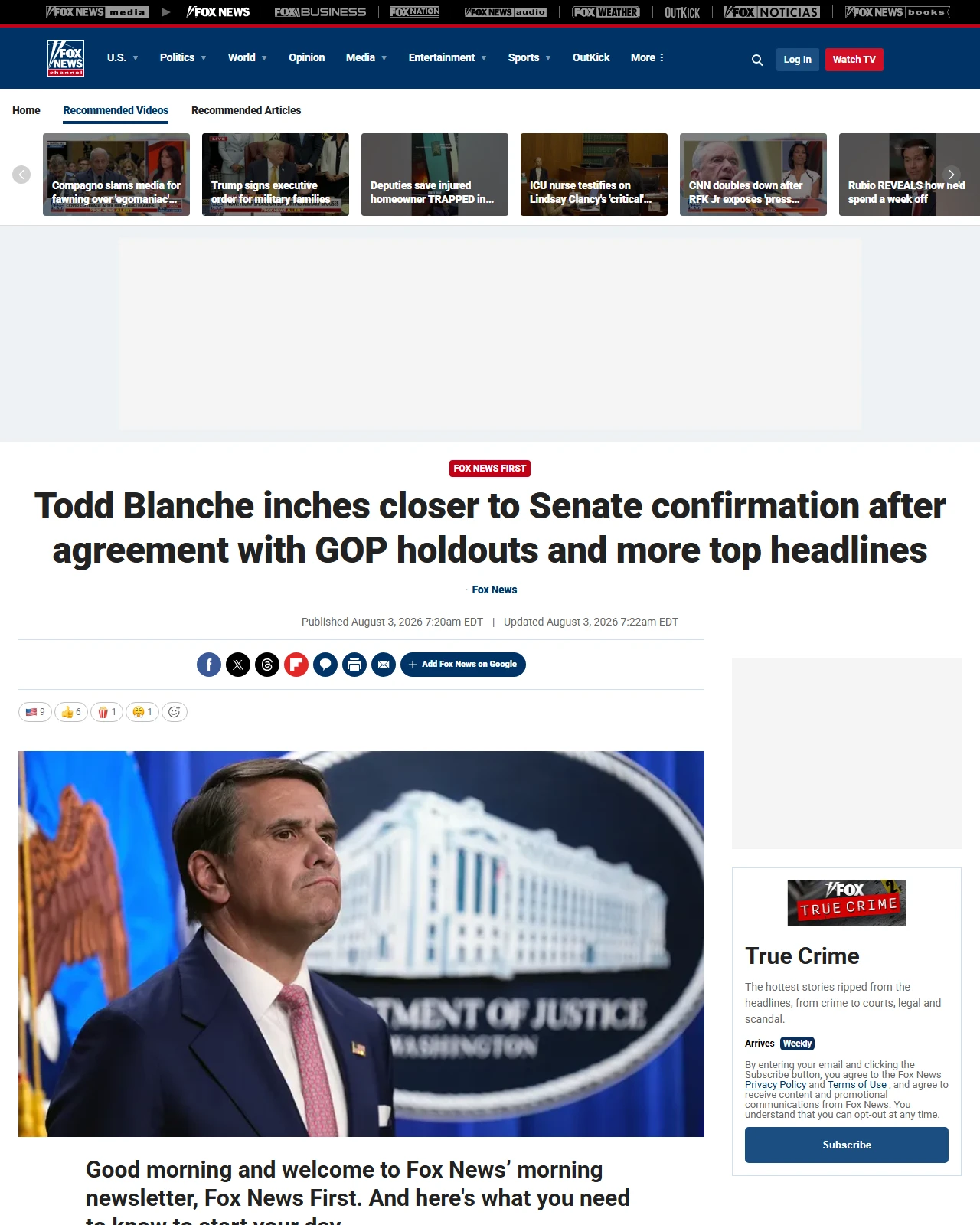 foxnews.com as published: Todd Blanche inches closer to Senate confirmation after agreement with GOP holdouts and more top headlines