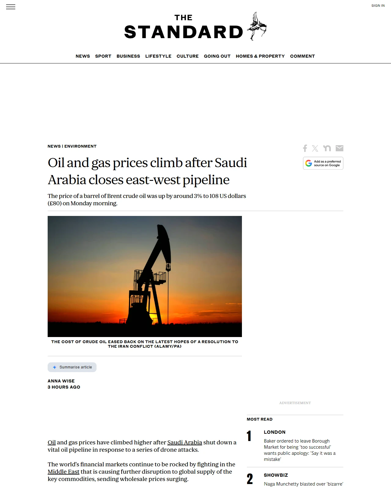 standard.co.uk as published: Oil and gas prices climb after Saudi Arabia closes east-west pipeline